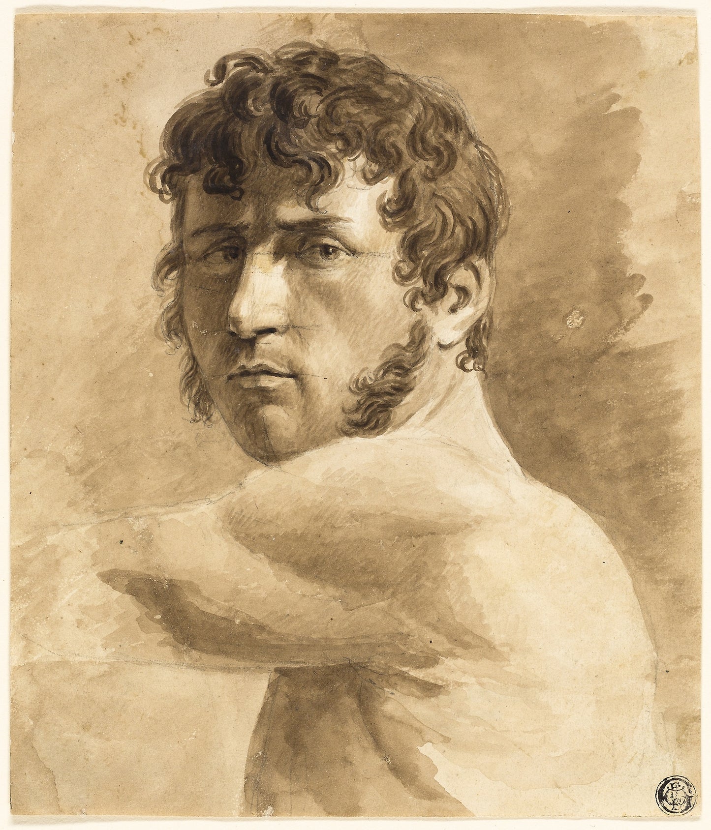 Bust of Male Nude (recto); Portrait Sketch of Man with Sketches of Women (verso) - Formerly attributed to Anne-Louis Girodet de Roucy-Trioson, Poster Print Wall Art