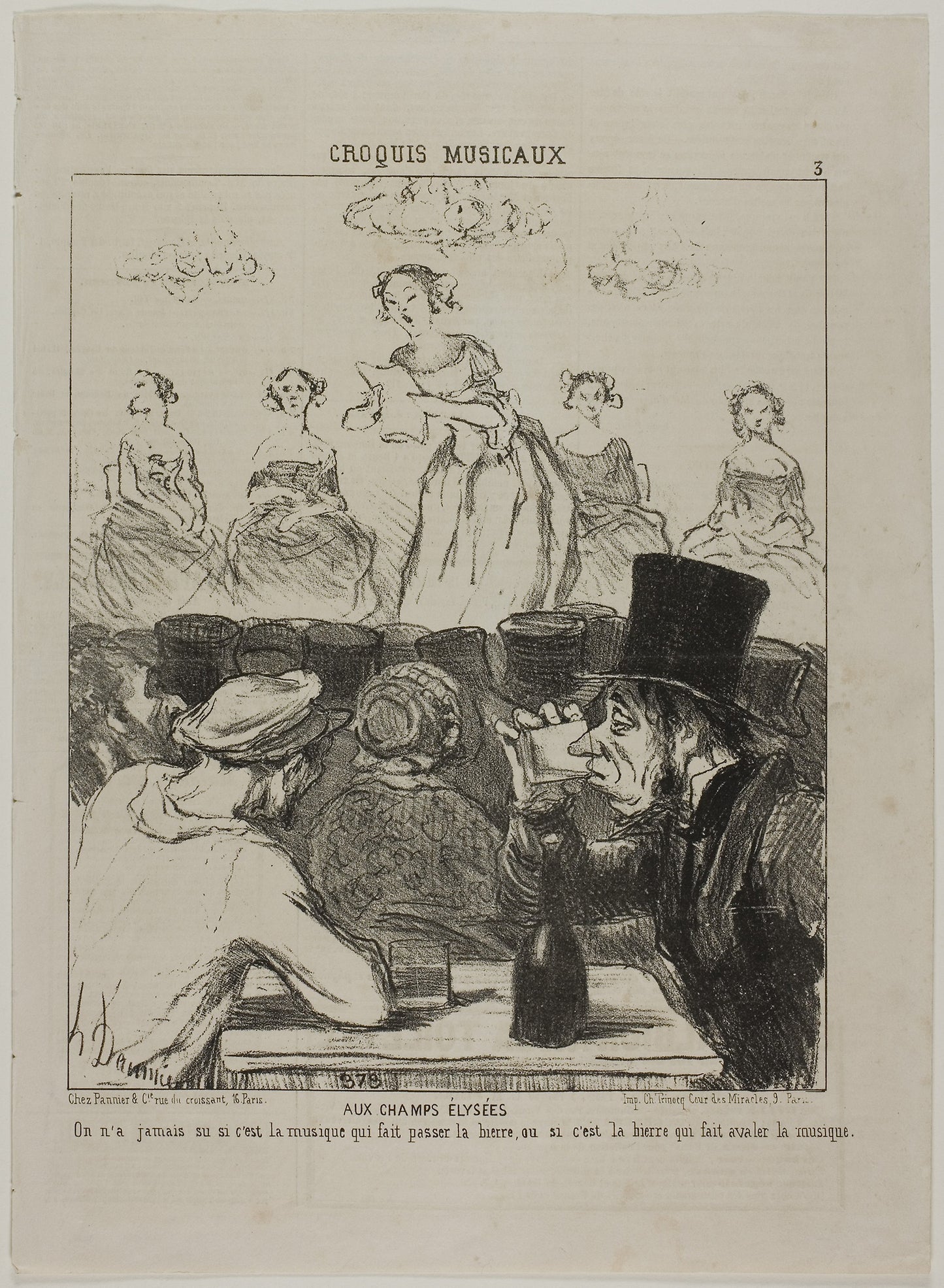 At the Champs-Elysées. It has never been quite clear whether the music makes the beer go down, or the beer that makes you swallow the music, plate 3 from Croquis Musicaux - Honoré Victorin Daumier, Poster Print Wall Art