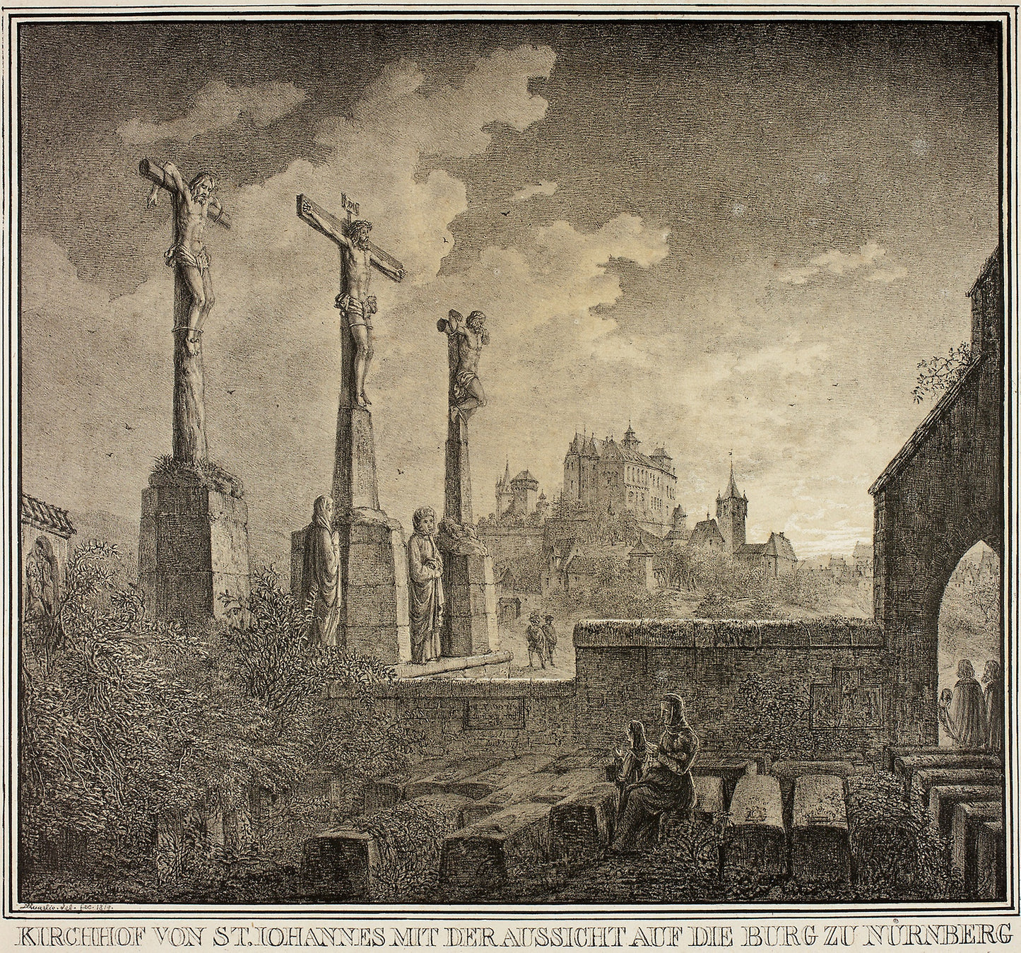 Saint John's Cemetery with a View of the City of Nuremberg, from Collection of Memorable Medieval Buildings in Germany - Domenico Quaglio II, Poster Print Wall Art
