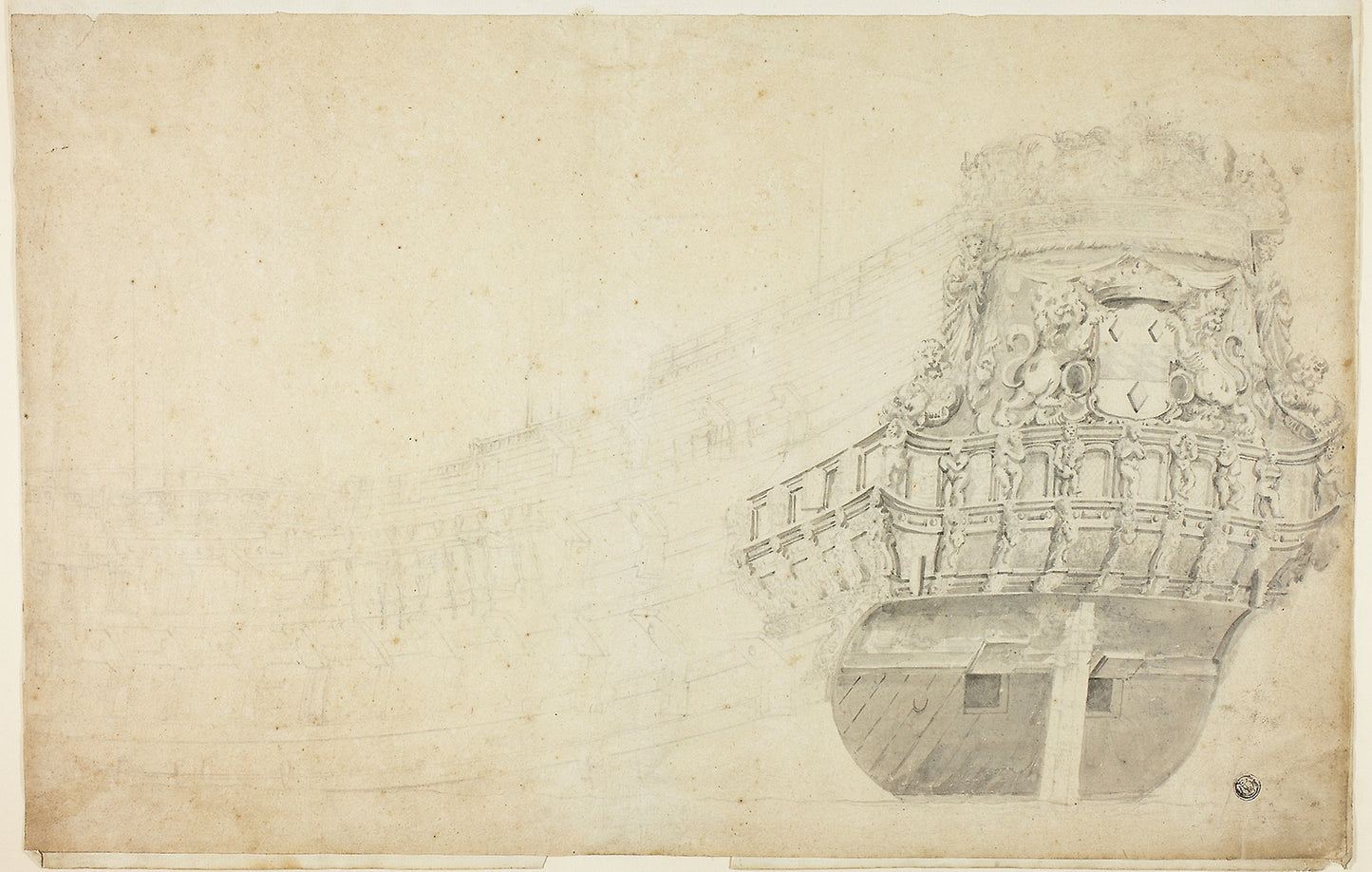 Partial Sketch of a Dutch Vessel Seen from Port Quarter - Attributed to Willem van de Velde, I (Dutch, c. 1611-1693), Poster Print Wall Art