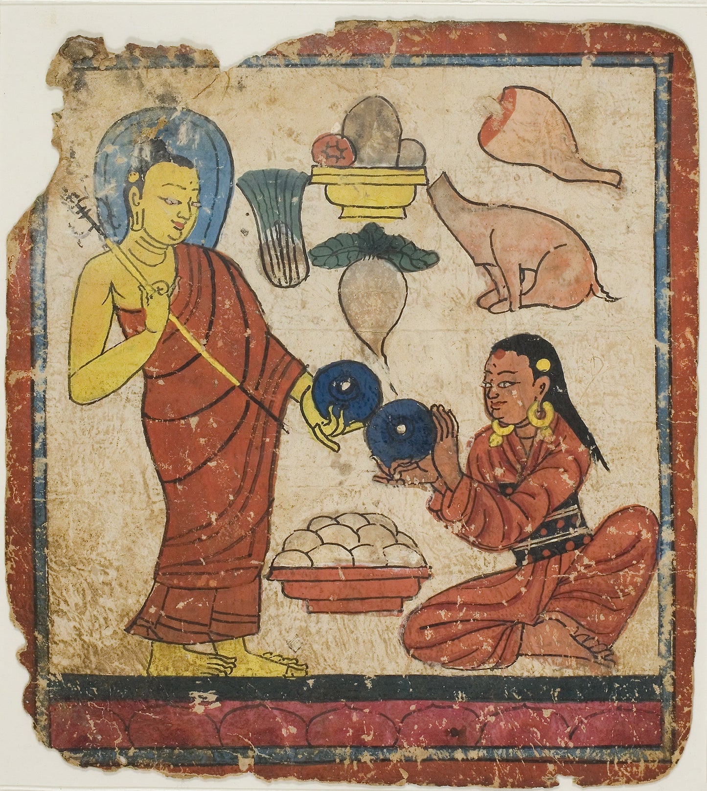 Lady Offering Food to a Monk, From a Set of Initiation Cards (Tsakali) - Southern Tibet, Poster Print Wall Art