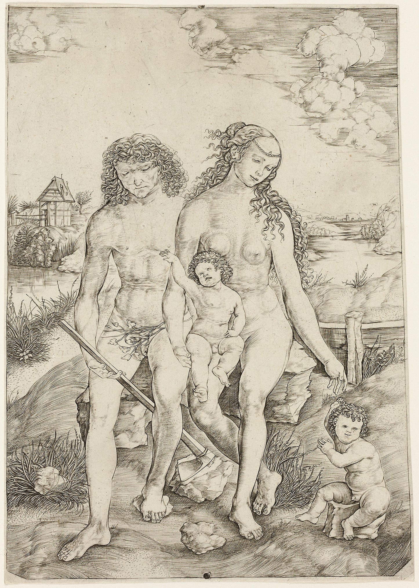 Adam and Eve with the Infants Cain and Abel - Cristofano Robetta, Poster Print Wall Art