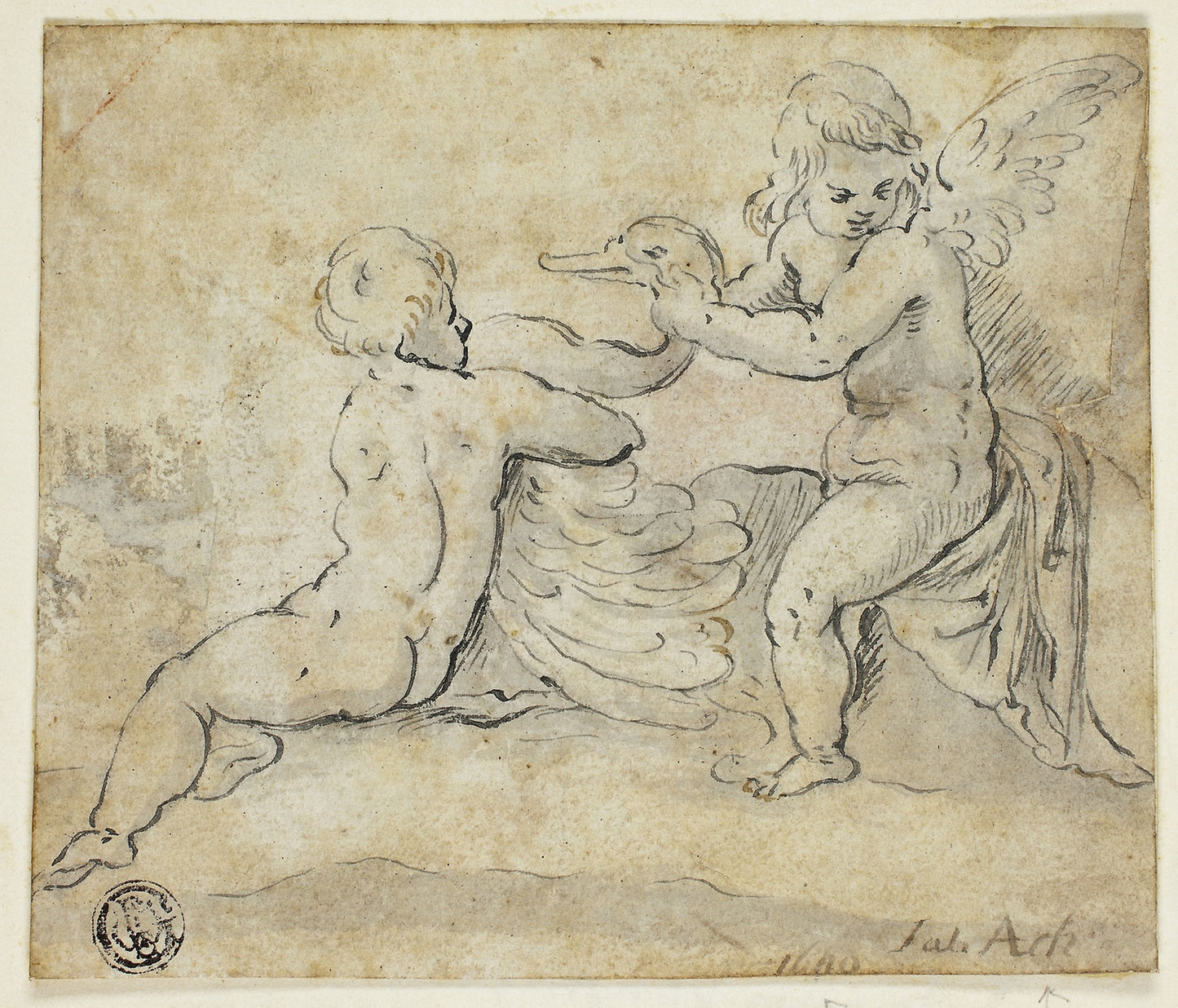 Putti Holding Swan - Possibly Johann von Aachen, Poster Print Wall Art