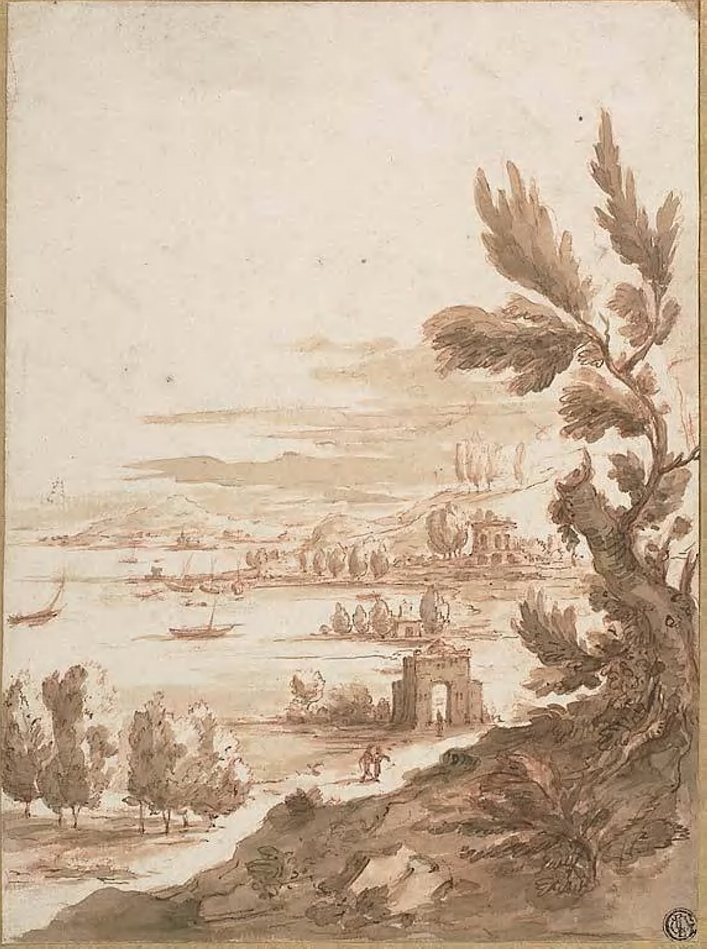 View from Hill Overlooking a Harbor - Attributed to Jan Frans van Bloemen (Flemish, 1662-1749), Poster Print Wall Art