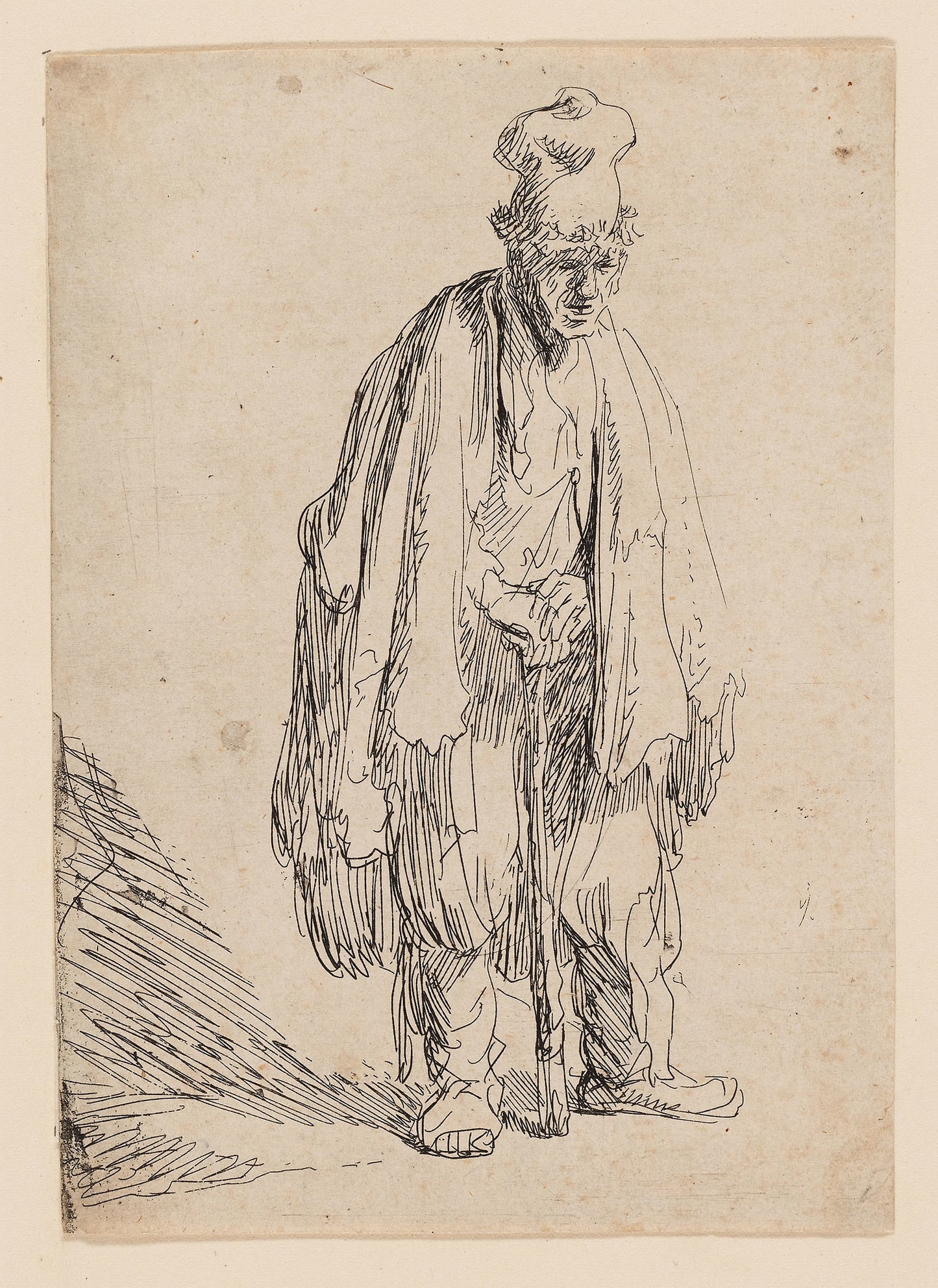 Beggar in a High Cap, Standing and Leaning on a Stick - Rembrandt van Rijn, Poster Print Wall Art