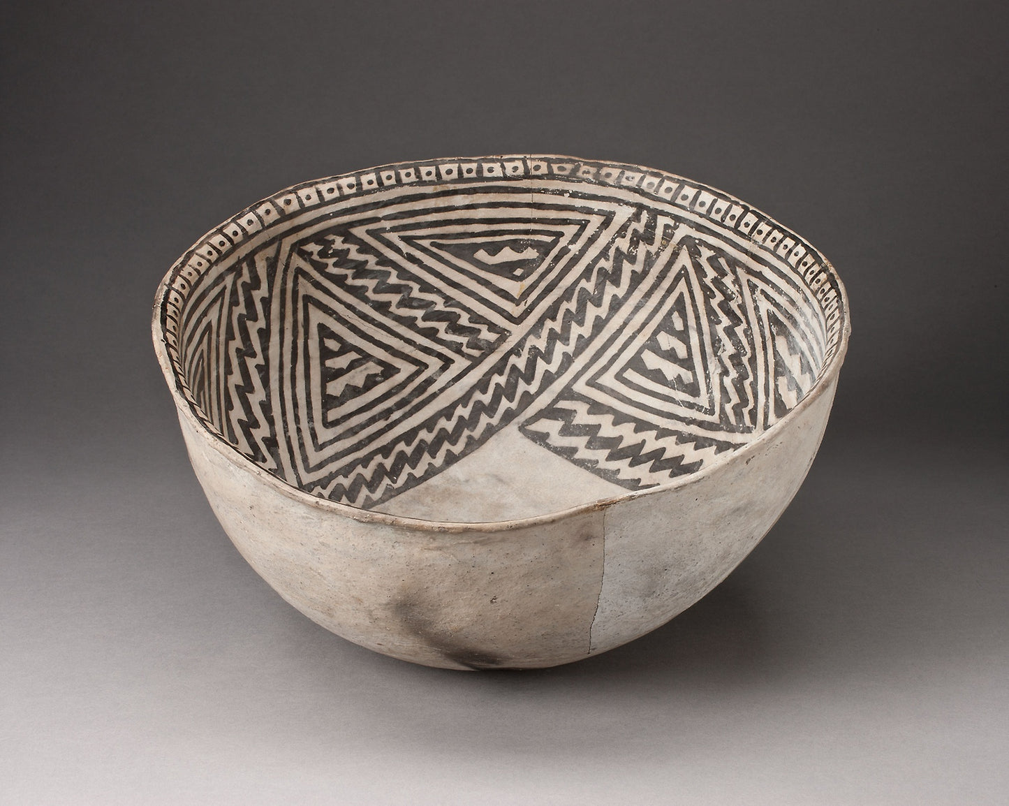 Bowl with Interlocking Zigzag Motif in Four-Part Design on Interior Walls - Ancestral Pueblo (Anasazi), Kayenta Black-on-white, Poster Print Wall Art