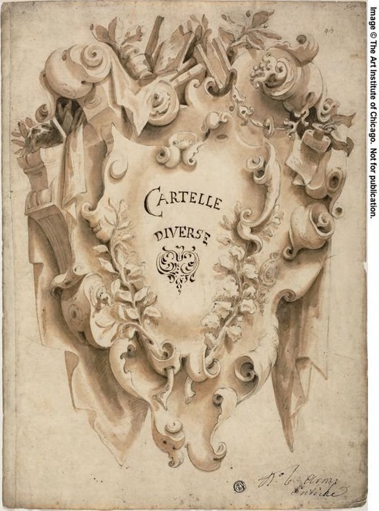 Cartouche Decorated with Foliage, Books - Style of Domenico Piola , Poster Print Wall Art