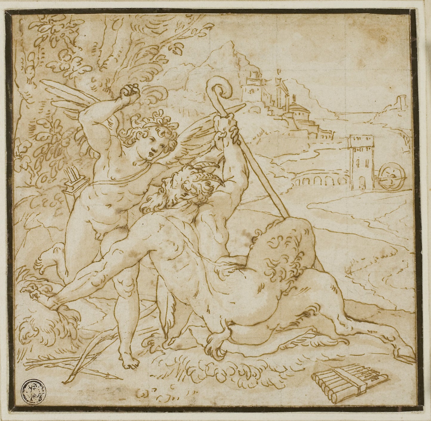 Cupid Overcoming Pan - Orazio Samacchini , Poster Print Wall Art