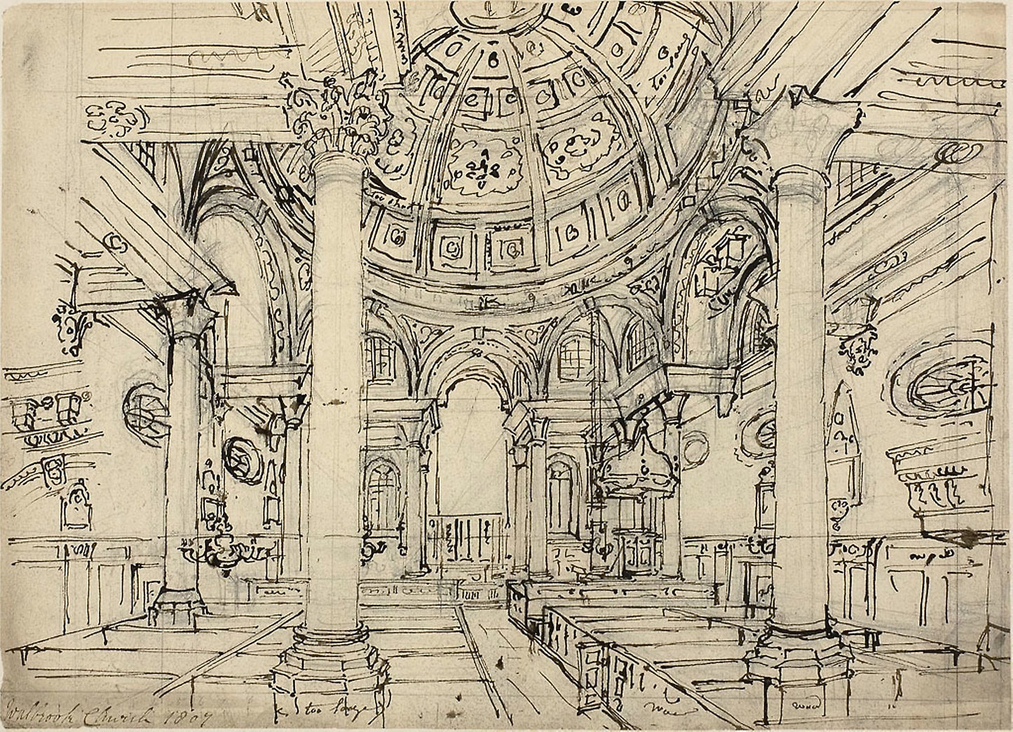 Study for Walbrook Church (recto); Sketches of Sailboats, Men and Dinghies (verso) - Augustus Charles Pugin, Poster Print Wall Art