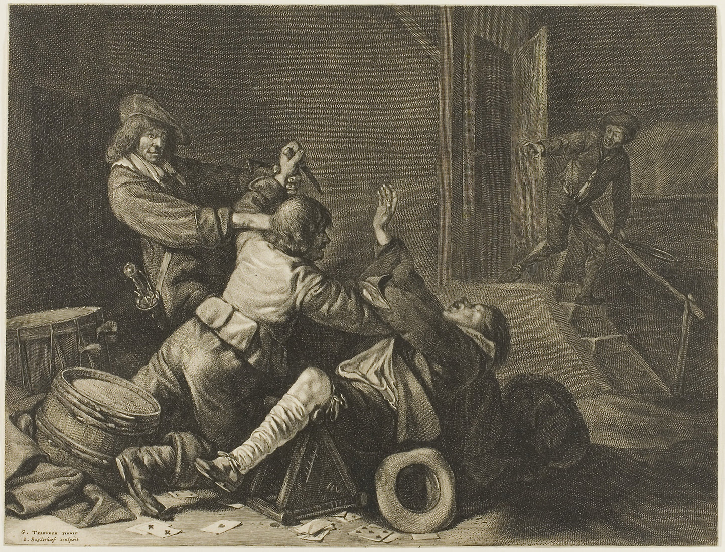 Three Men Struggling in an Interior - Jonas Suyderhoef (Dutch, c. 1613-1686), Poster Print Wall Art