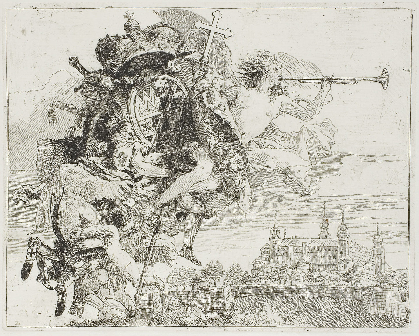 Frontispiece - The Arms of Carl Philipp von Greiffenklau Carried Aloft - an Angel, from The Flight into Egypt - Giovanni Domenico Tiepolo, Poster Print Wall Art