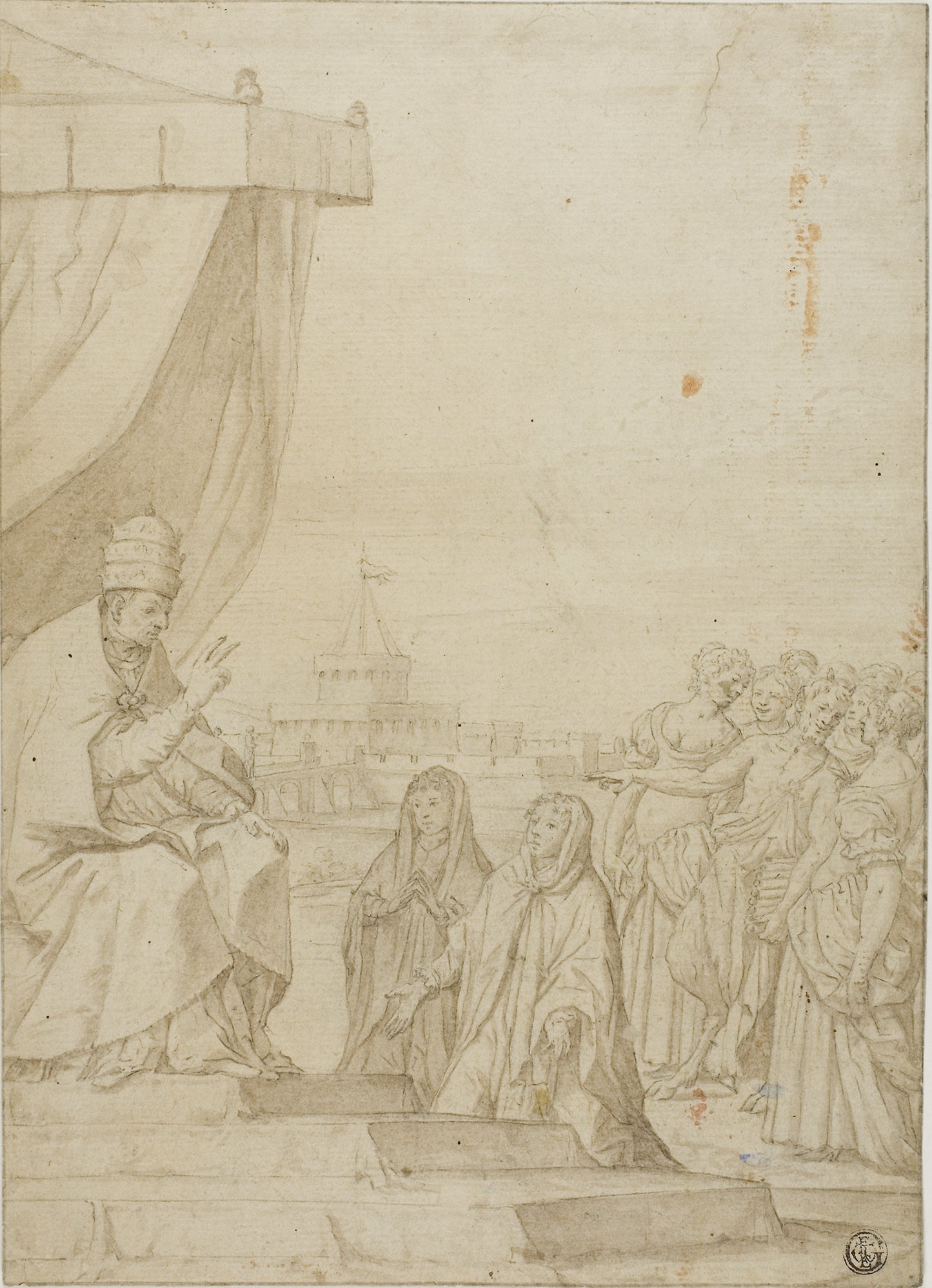 Pope Blessing Two Women in the Presence of Satyr and Assembled Women with Castel Sant Angelo in the Background - After Federico Zuccaro, Poster Print Wall Art