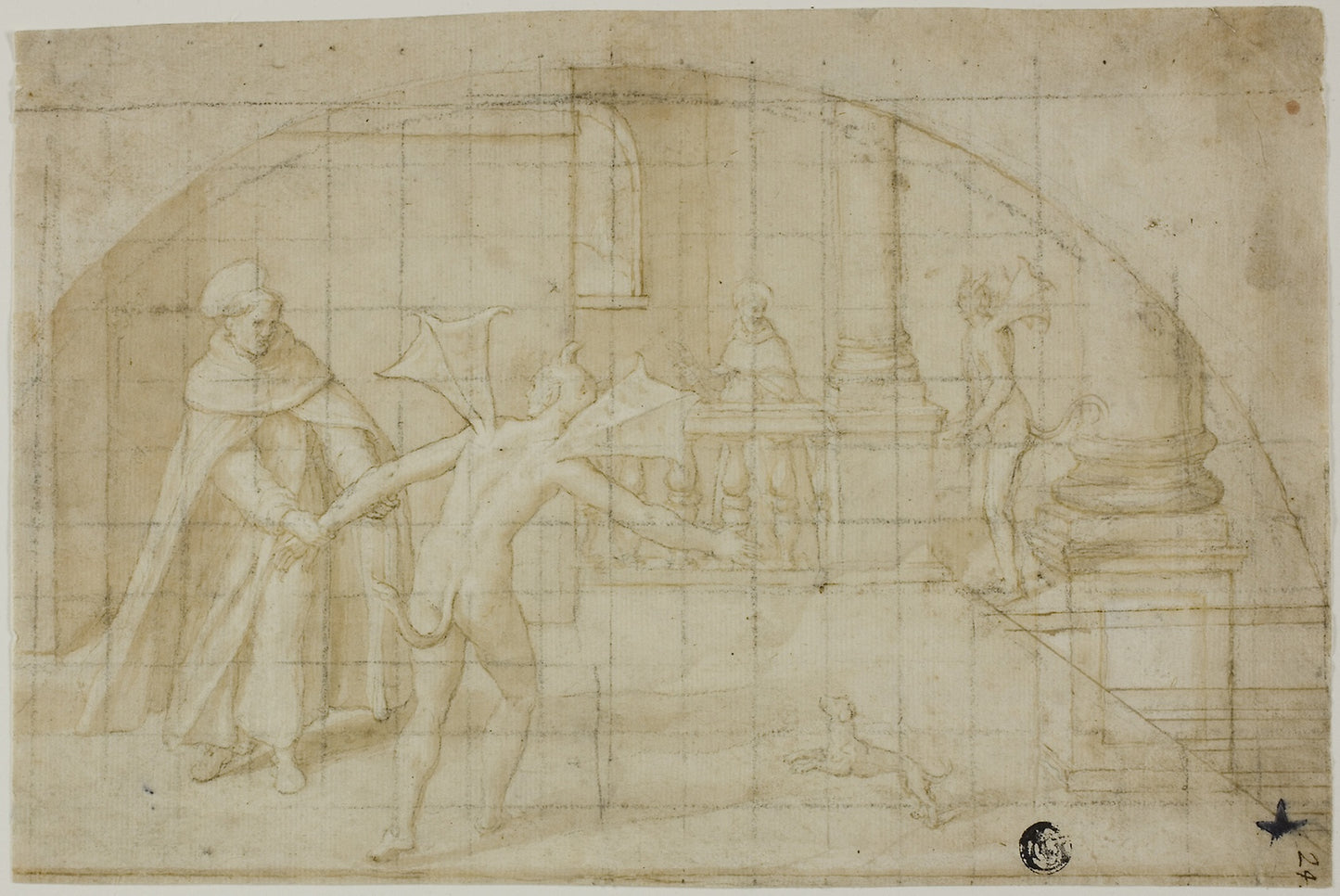 Design for a Lunette - Devils and Saint in a Monastery - Attributed to Bernardino Poccetti, Poster Print Wall Art