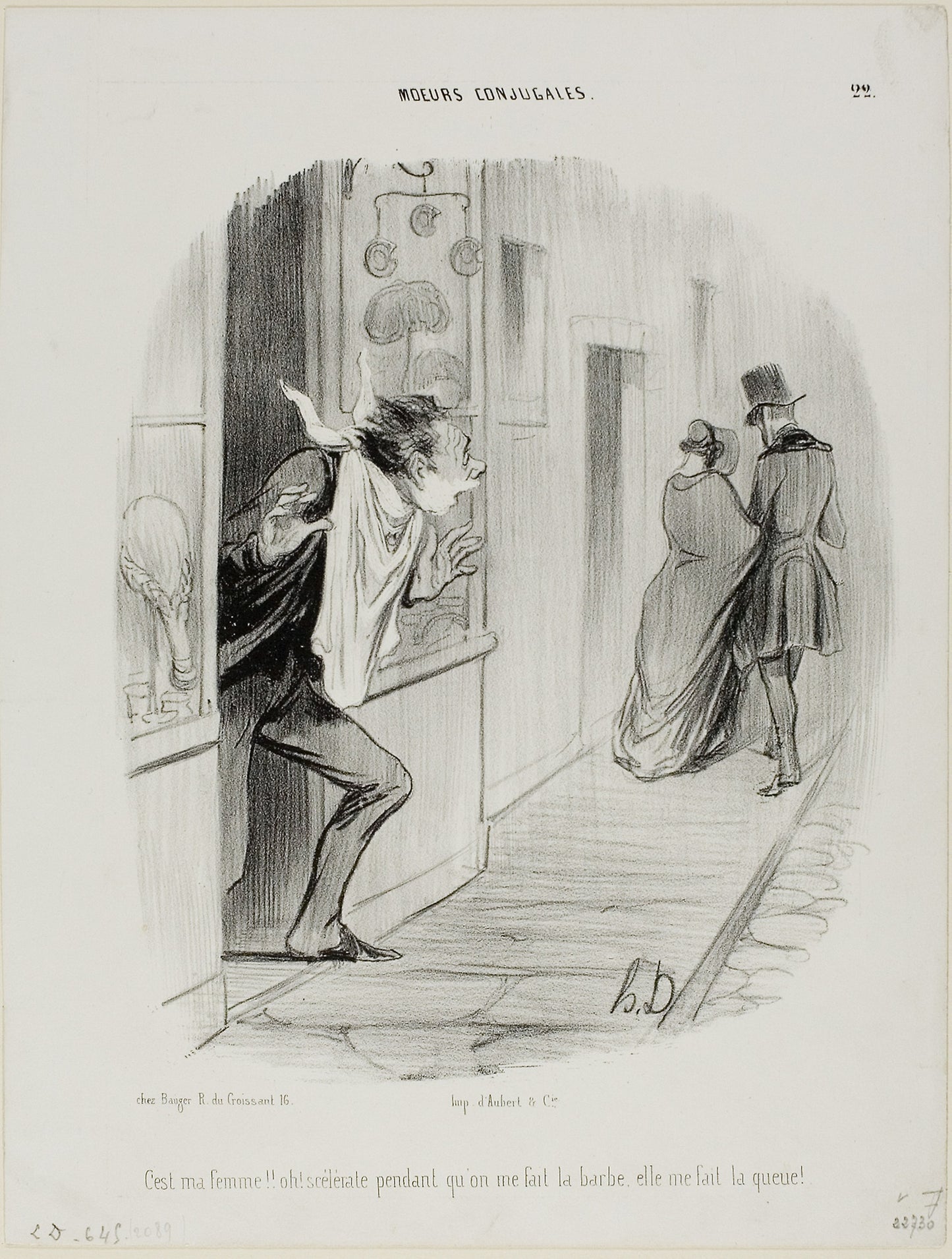 “There goes my wife!! Oh, the wretch, while I'm having a shave she's making a cuckold of me!,” plate 22 from Moeurs Conjugales - Honoré Victorin Daumier, Poster Print Wall Art