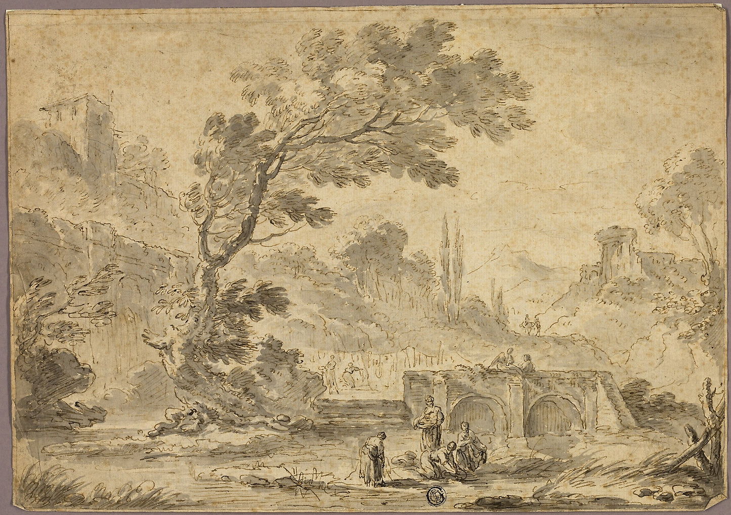 Washerwomen - Stream in Italianate Landscape - Possibly Andrea Locatelli, Poster Print Wall Art