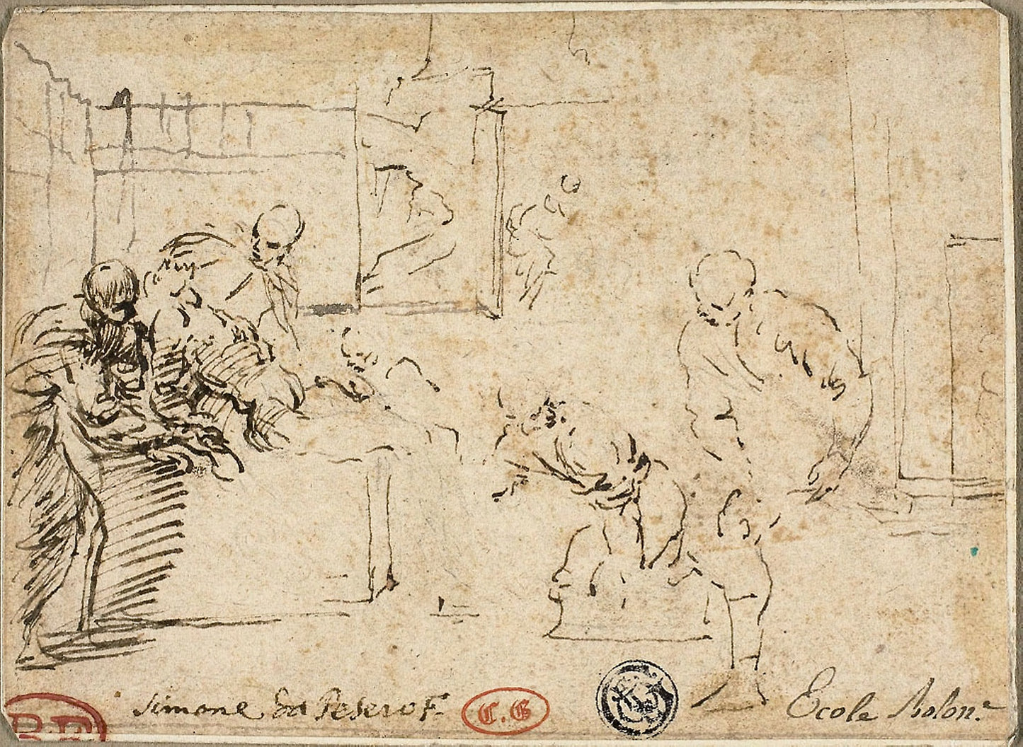 Interior with Male Nude Surrounded - Five Figures - Attributed to Simone Cantarini , Poster Print Wall Art