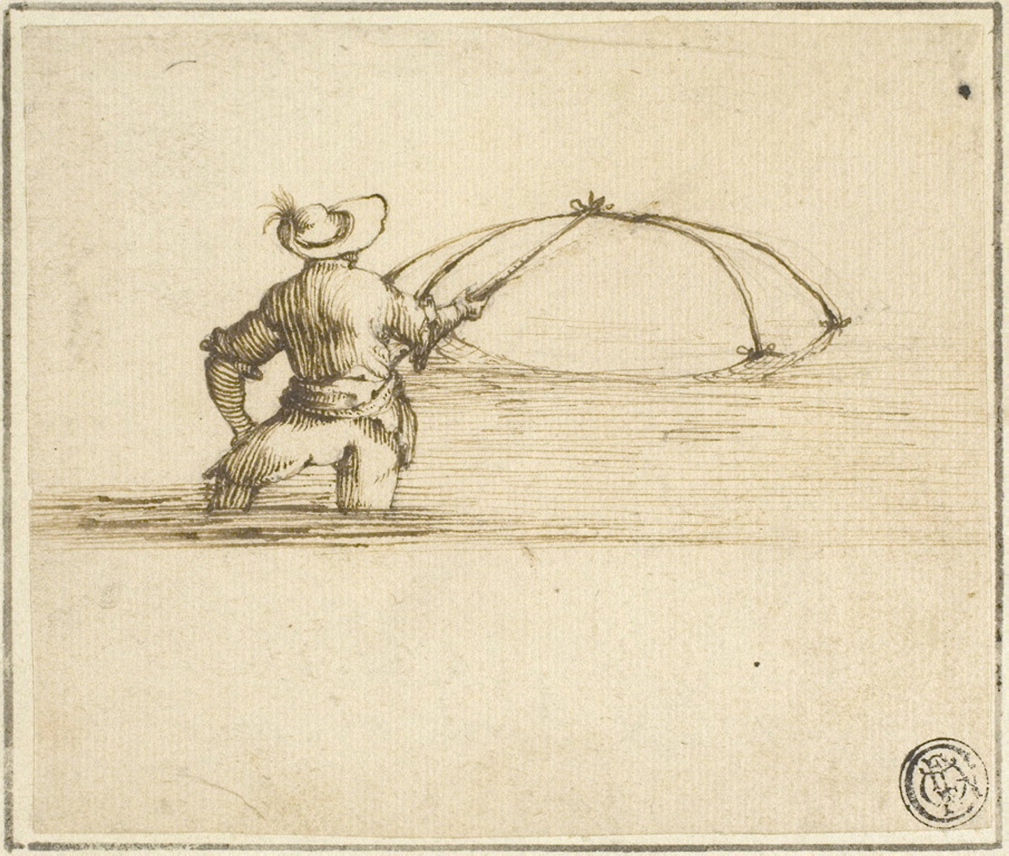 Fisherman with Net - Style of Stefano della Bella, Poster Print Wall Art