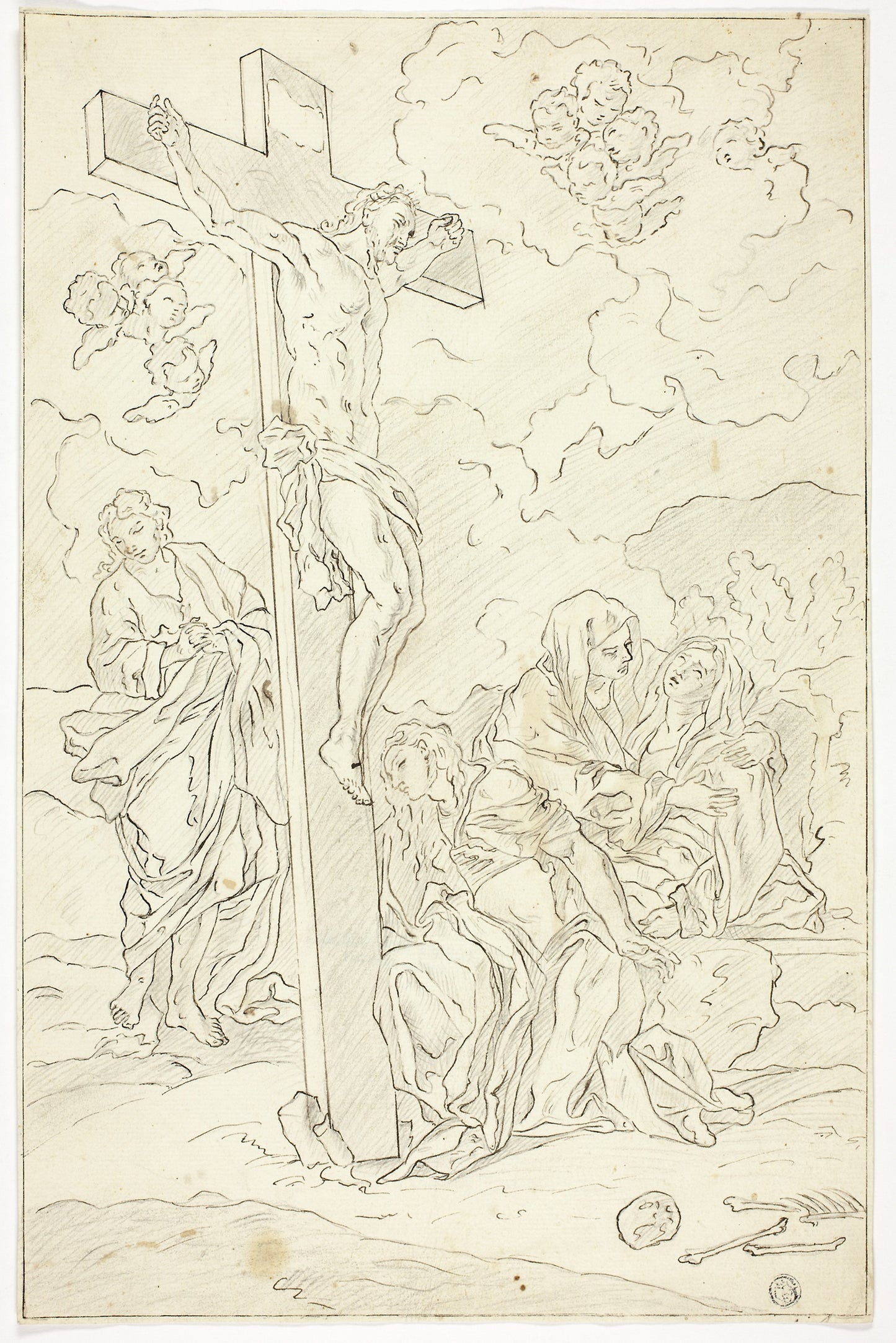 Crucifixion with Saint John the Evangelist, the Virgin and Two Maries - School of Francesco Solimena, Poster Print Wall Art