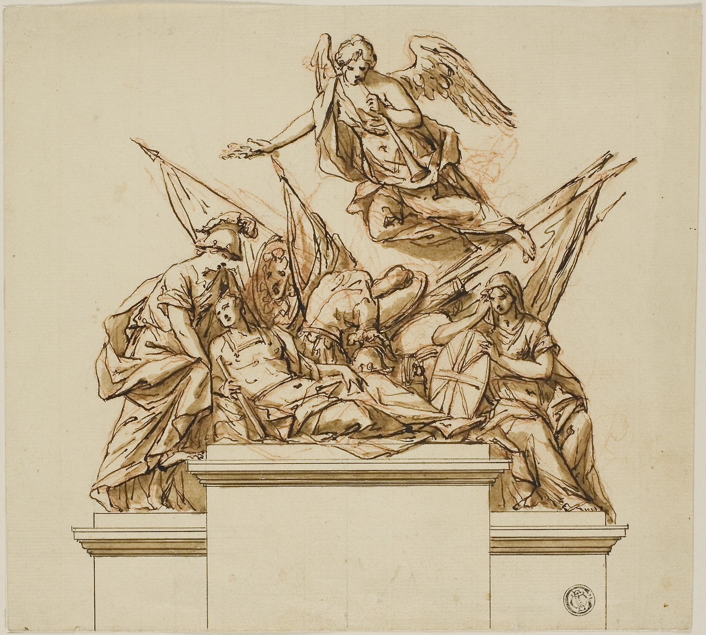 Warrior Accompanied - Britannia, Minerva, and Fame (recto); Design for the Monument to Nicholas Rowe (verso) - John Michael Rysbrack (Flemish, 1693-1770), Poster Print Wall Art