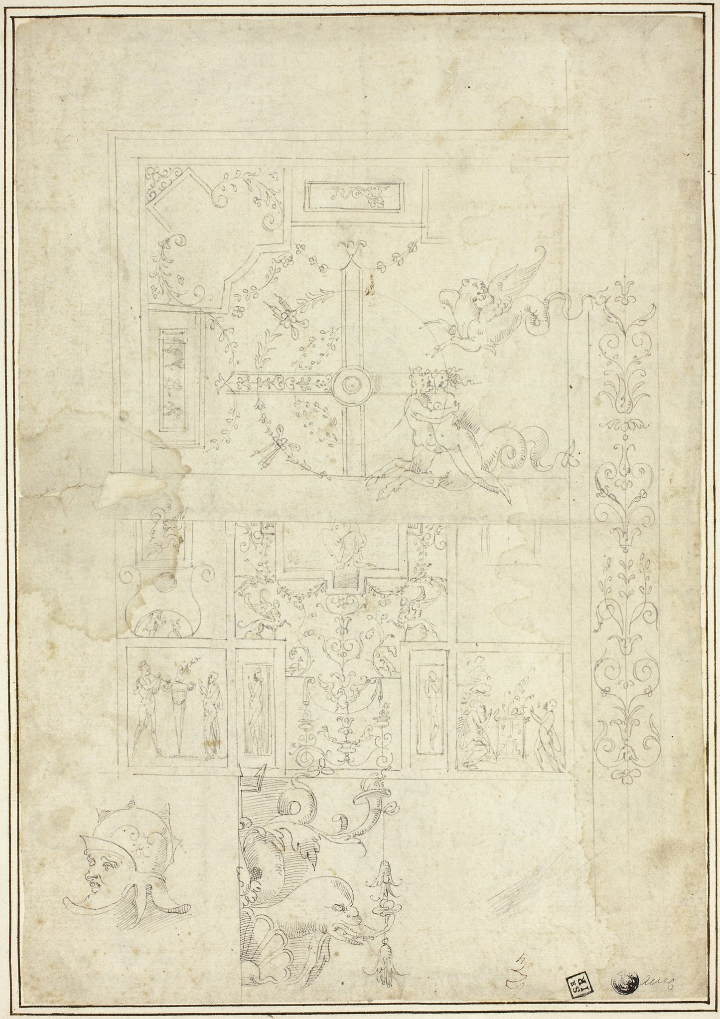 Ceiling Design, with Sketches of Ornamental Border, Helmeted Head (recto); Sketches of Ornamental Details (verso) - School of Giovanni da Udine, called Giovanni dei Ricamatori (Italian, 1487-1561), Poster Print Wall Art