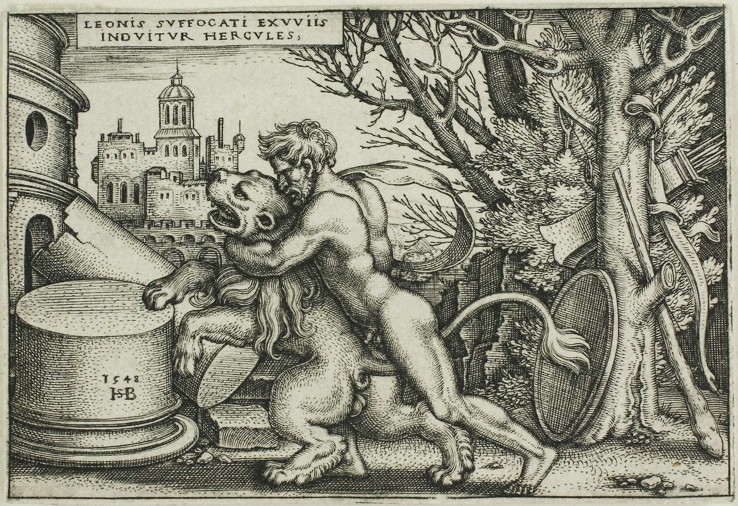 Hercules and the Nemean Lion, from The Labors of Hercules - Sebald Beham, Poster Print Wall Art