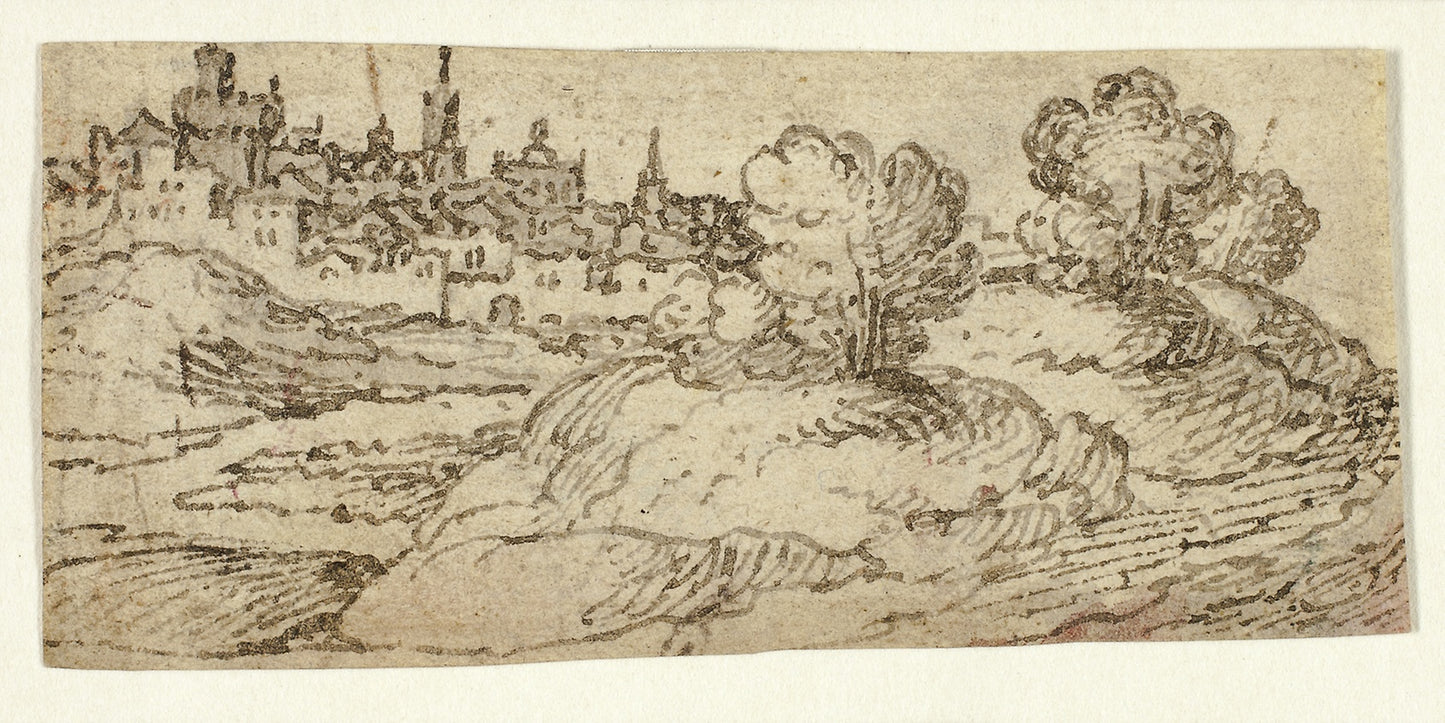 Hill Town with Trees in Foreground - Artist unknown, Poster Print Wall Art