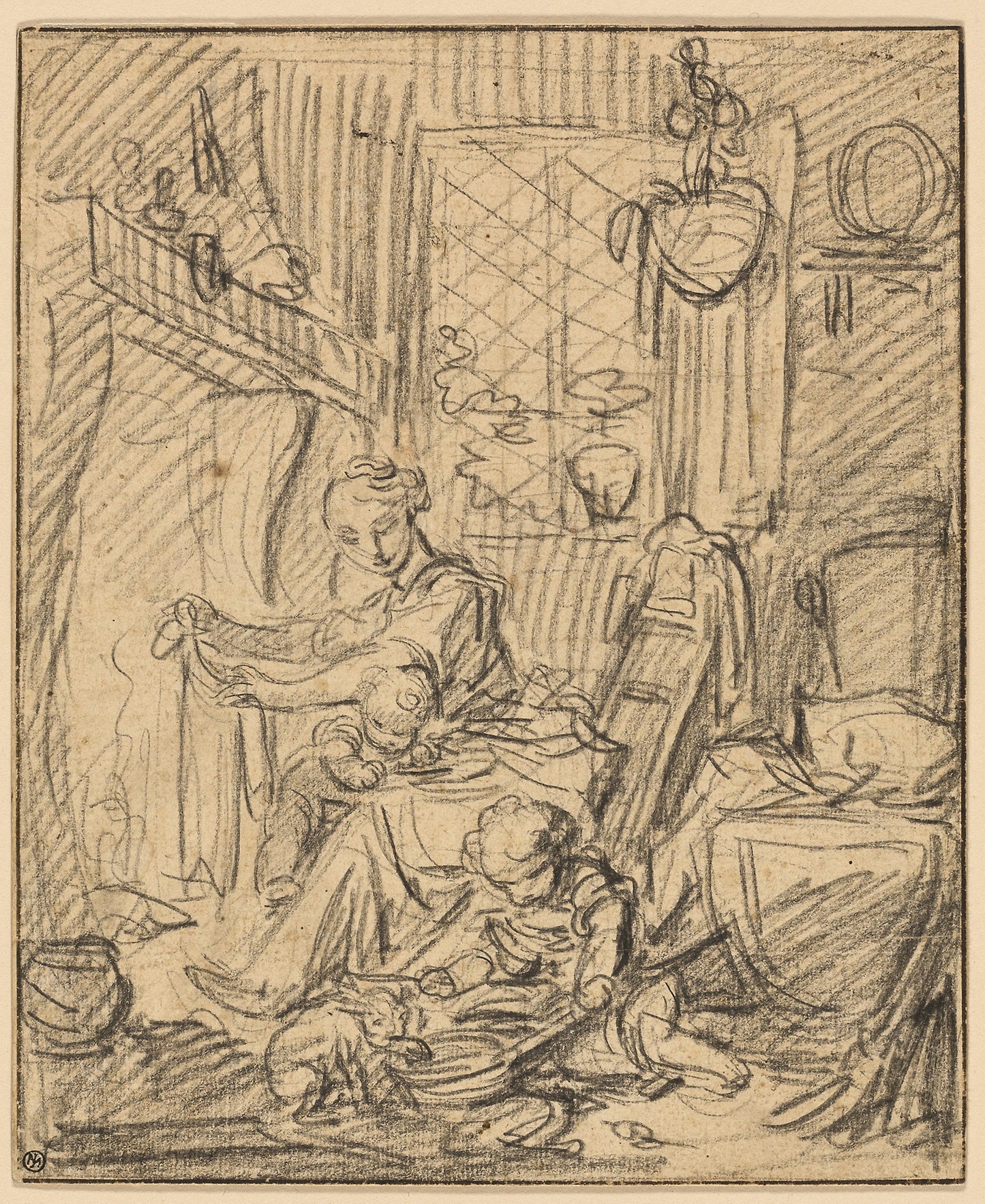 Domestic Scene - Mother with Two Small Children before a Mantelpiece - François Boucher, Poster Print Wall Art