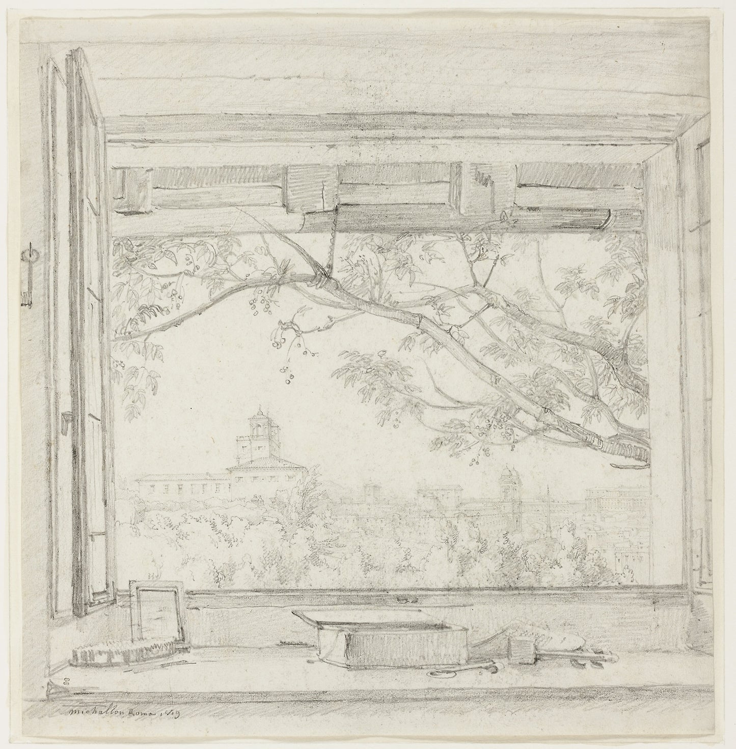 View of the Villa Medici and Sta Trinità dei Monti from Ingres's Studio in the Pavillon San Gaetano, Rome: Achille-Etna Michallon, Poster Print Wall Art
