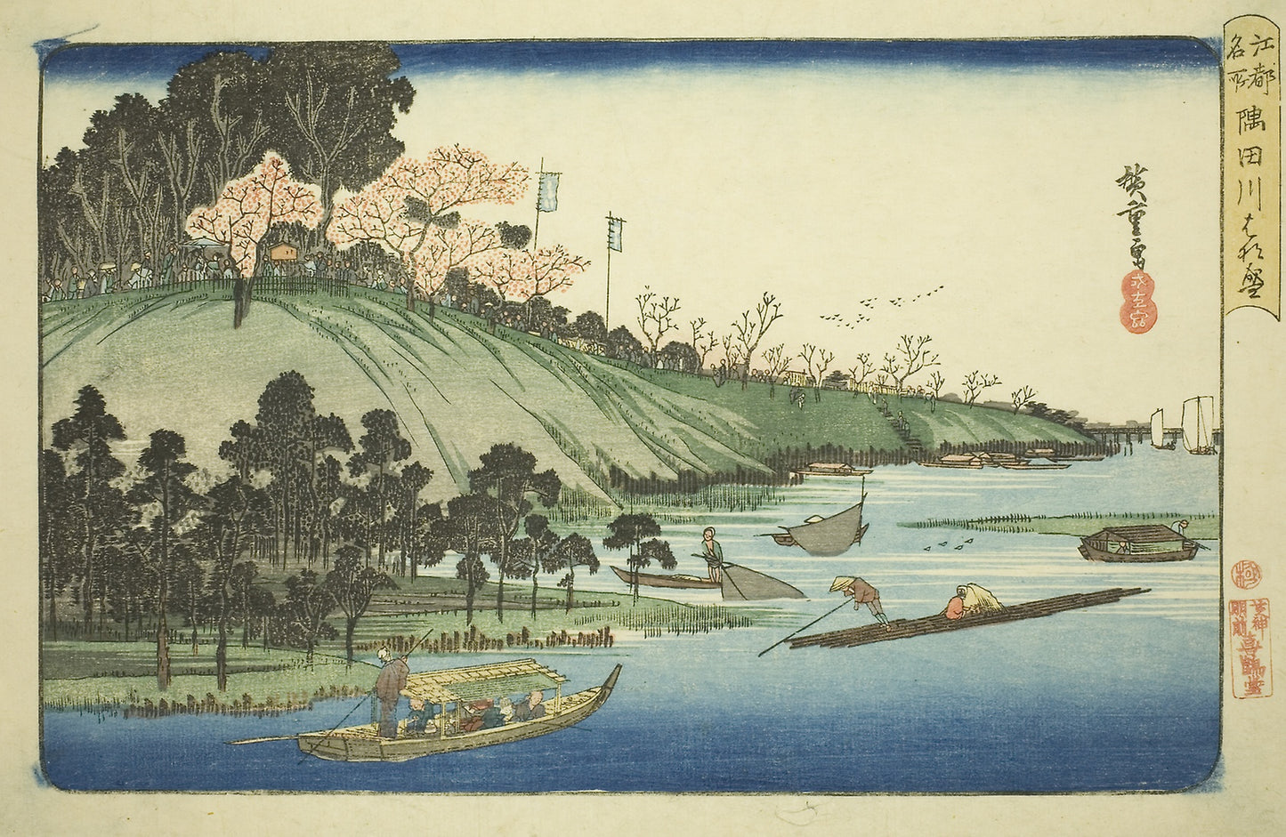 Cherry Blossoms in Full Bloom along the Sumida River (Sumidagawa hanazakari), from the series "Famous Places in Edo (Koto meisho)" - Utagawa Hiroshige ?? ??, Poster Print Wall Art