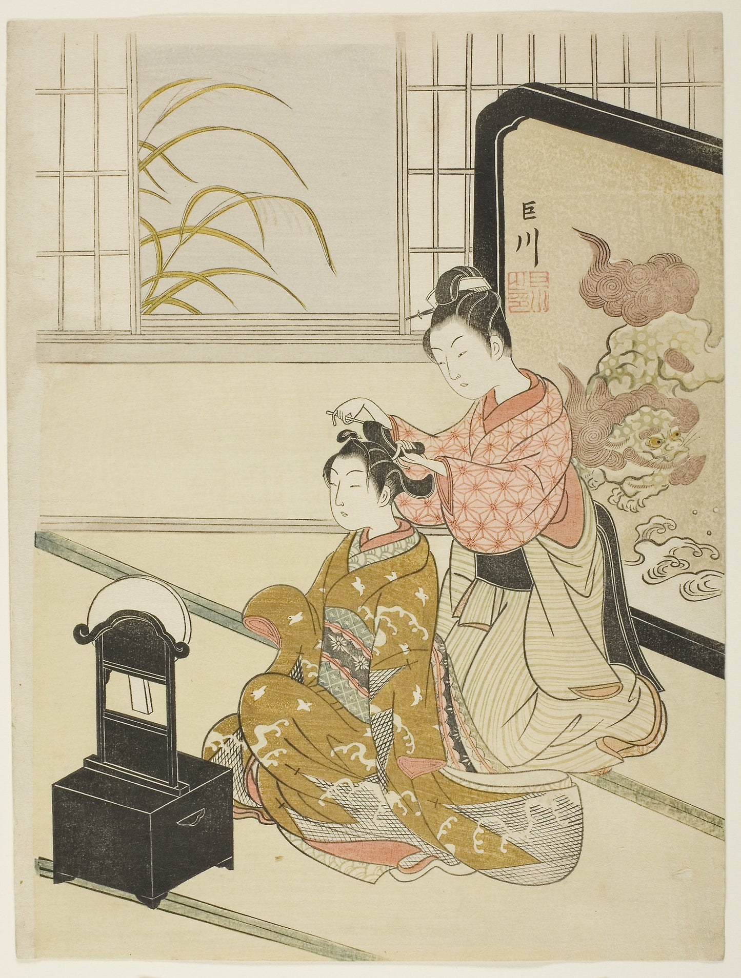 The Autumn Moon in the Mirror (Kyodai no shugetsu), from the series "Eight Views of the Parlor (Zashiki hakkei)" - Suzuki Harunobu ?? ?? , Poster Print Wall Art