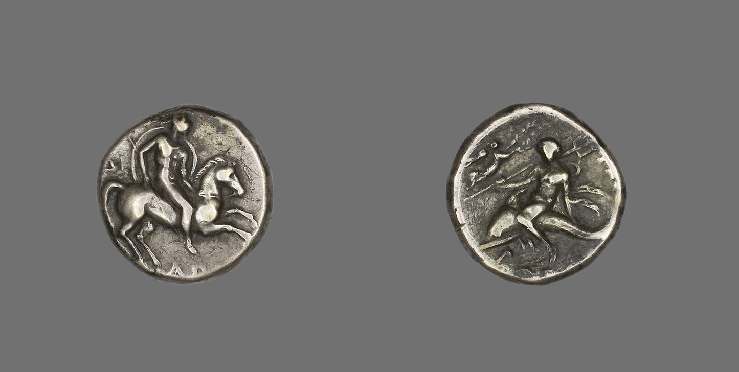 Stater (Coin) Depicting Horseman - Greek, minted in Tarentum, Calabria, Italy, Poster Print Wall Art