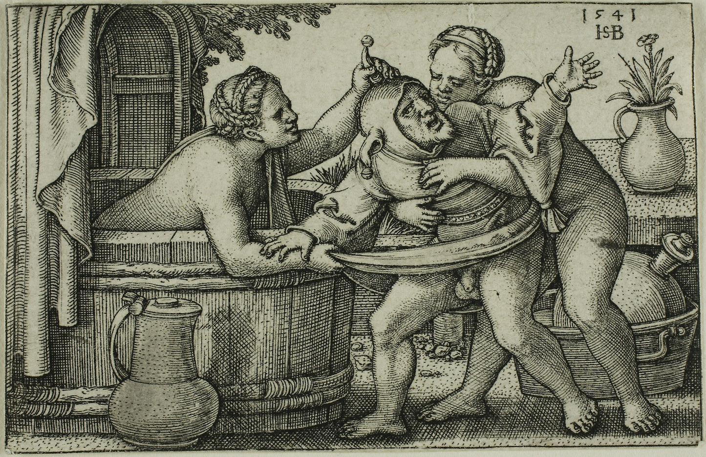 Buffoon and Two Bathing Women - Sebald Beham, Poster Print Wall Art