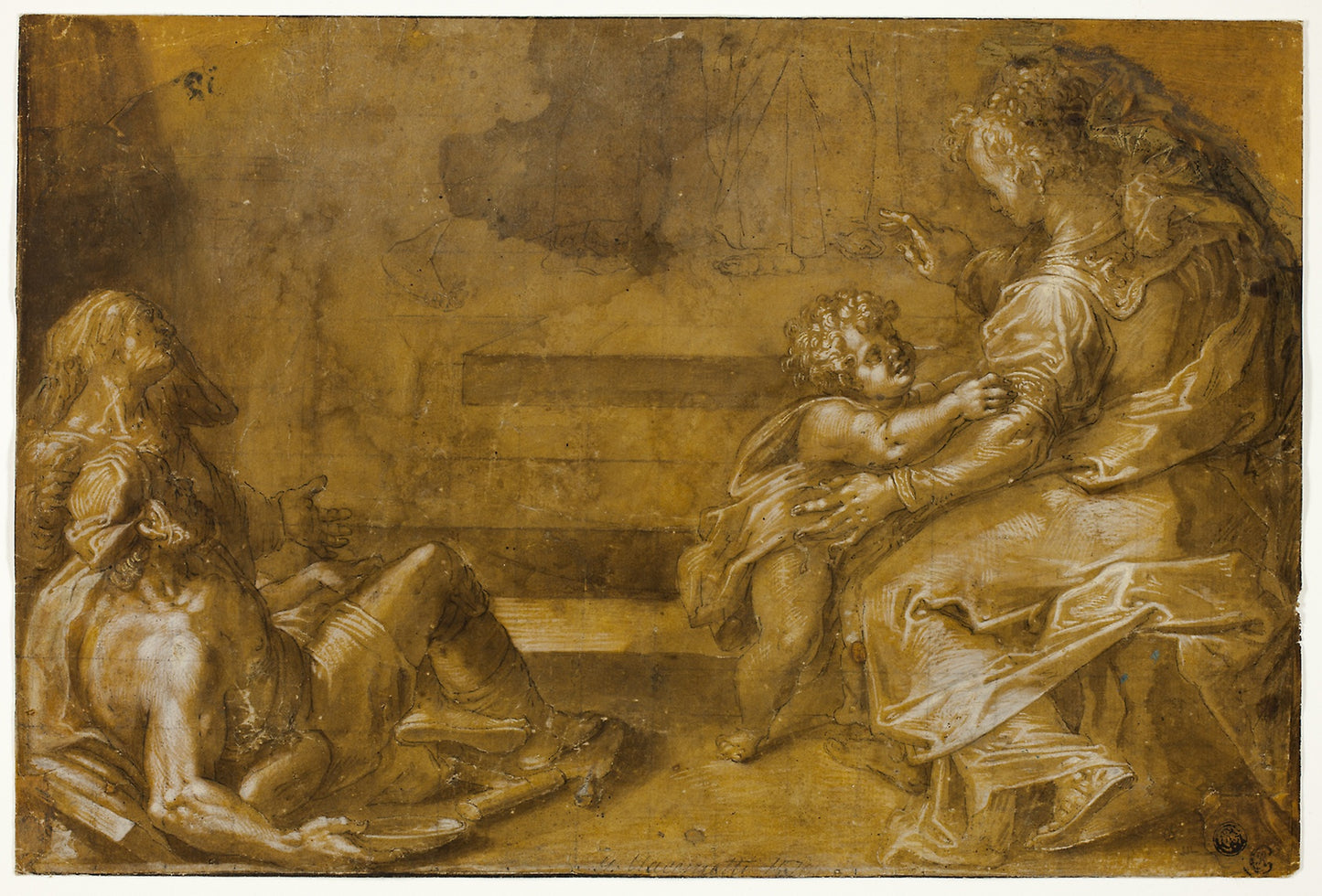 Two Reclining Beggars, and Seated Mother and Child, at Foot of Steps - Girolamo Macchietti, after, Poster Print Wall Art