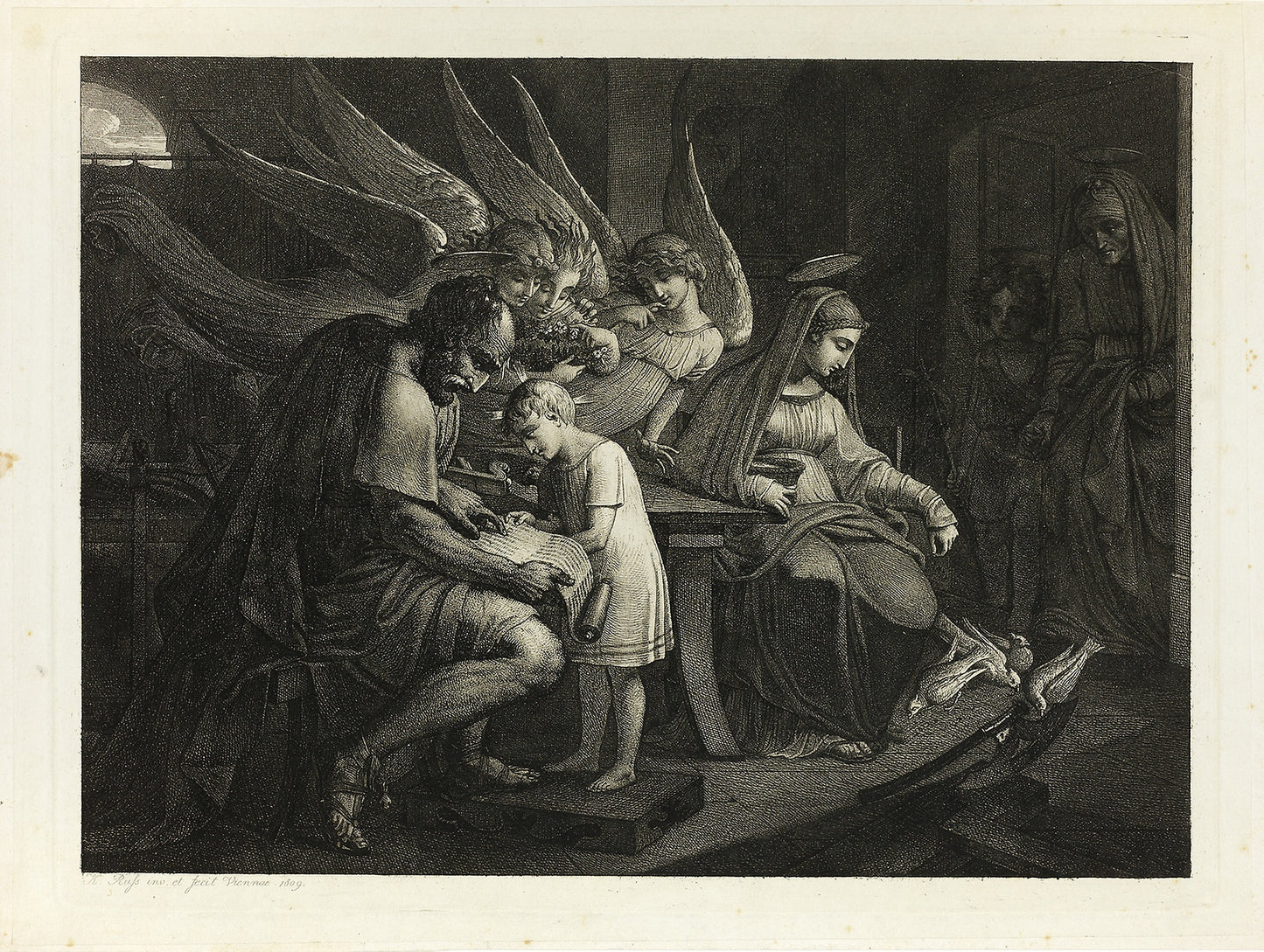 The Holy Family Busy at Home - Joseph Teaches the Boy Jesus to Read. Mary Feeds the Pigeons. Elizabeth Enters the Room with John - Carl Russ, Poster Print Wall Art