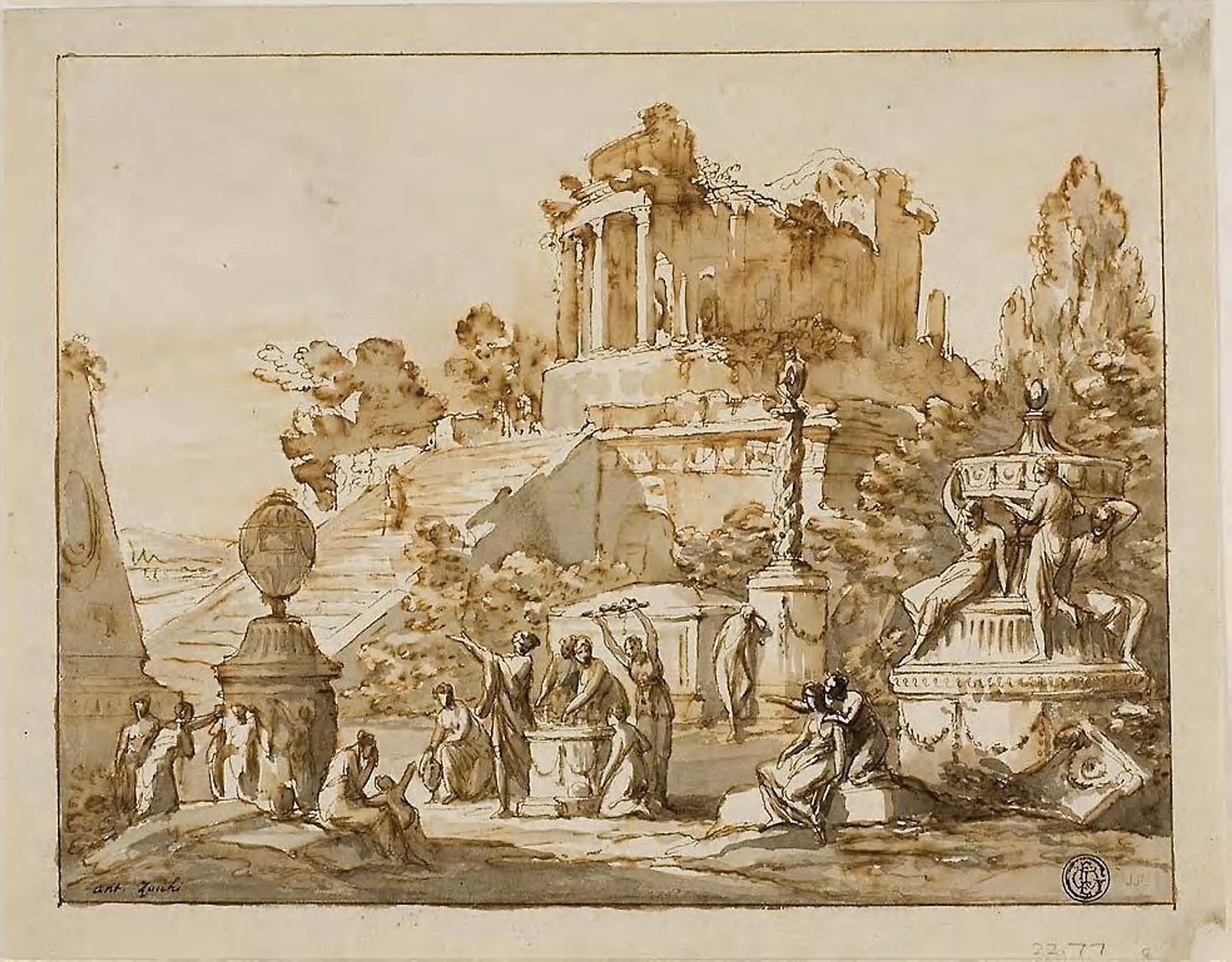 Classical Landscape with Ruined Temple on Hill, Female Figures Below: Antonio Zucchi,16x12"(A3) Poster