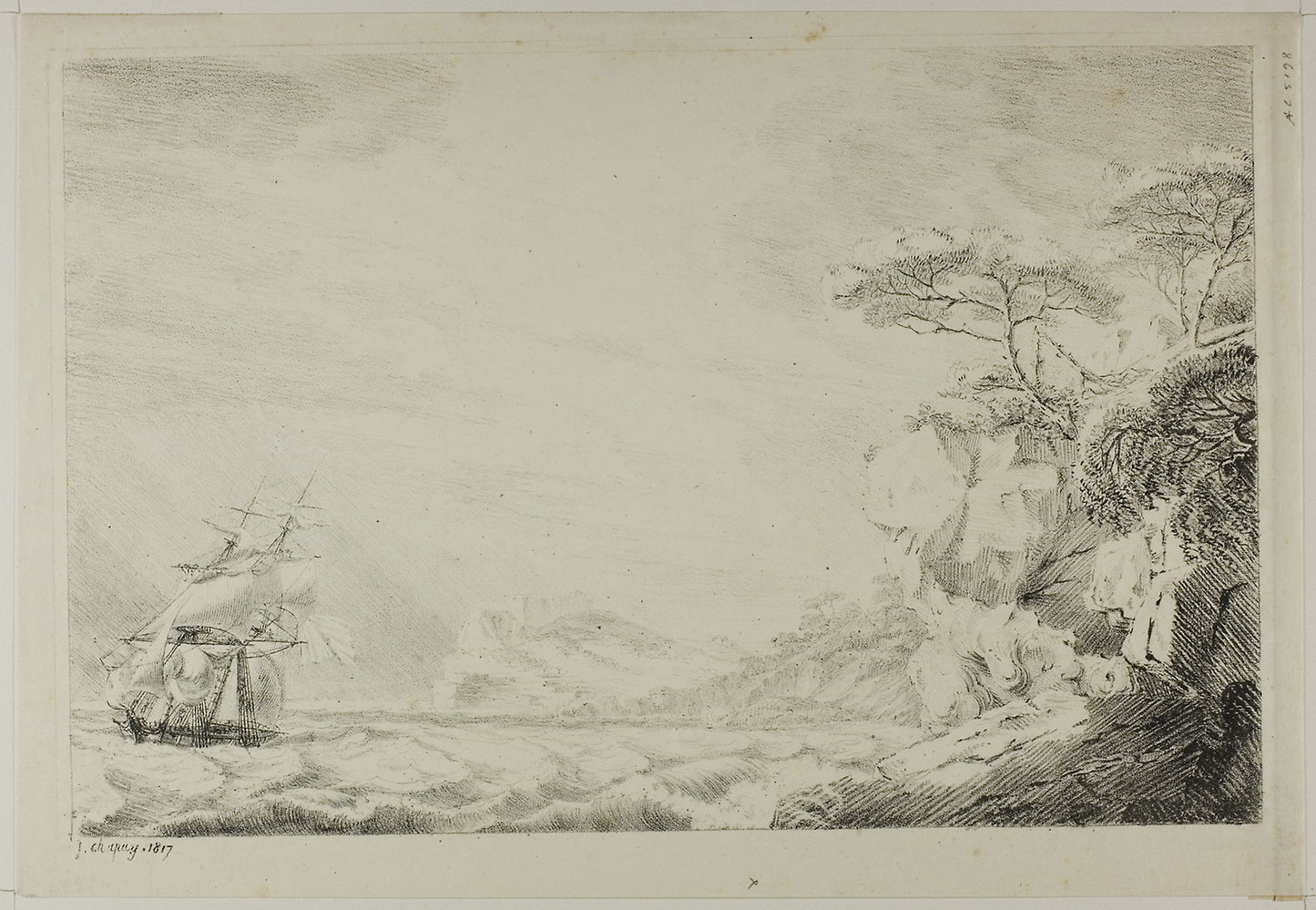 Landscape with Sailing Ship - probably Johann Joseph Chapuy, Poster Print Wall Art