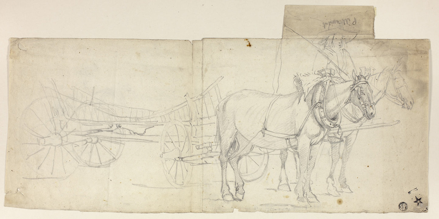 Two Horse Team with Driver, Pulling Carriage (recto); Sketches of Women Bending Over (verso) - Attributed to David Teniers the Younger, Poster Print Wall Art