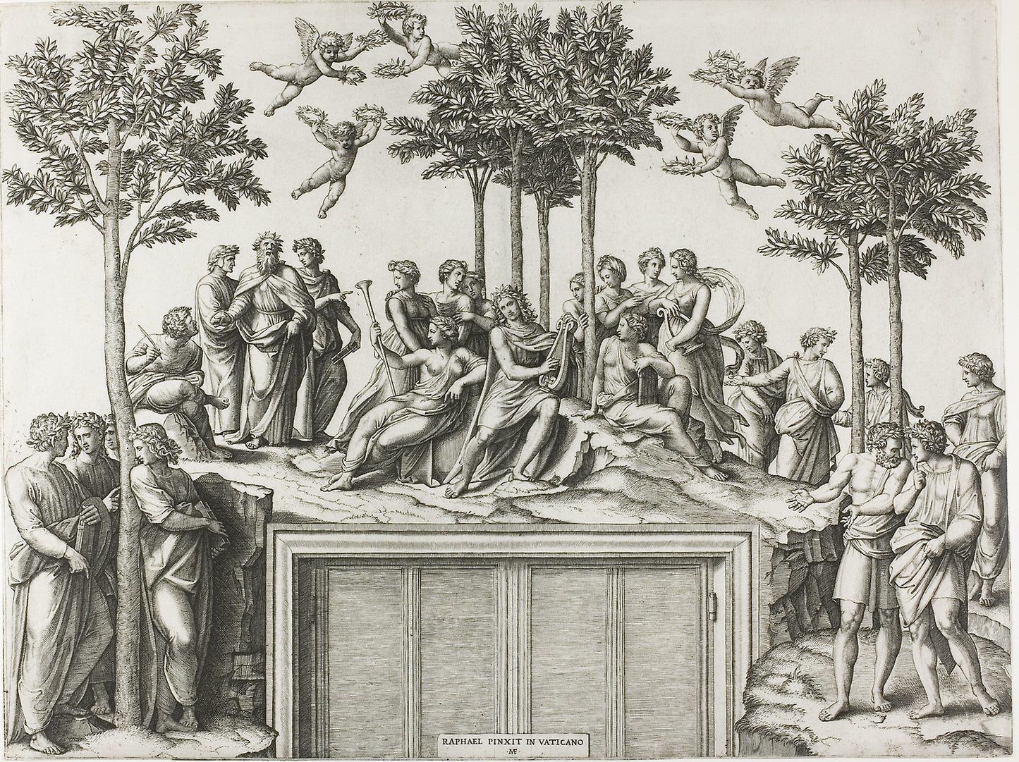 Apollo on Parnassus, Surrounded - the Muses and Poets - Marcantonio Raimondi (Italian, c. 1480-1534), Poster Print Wall Art