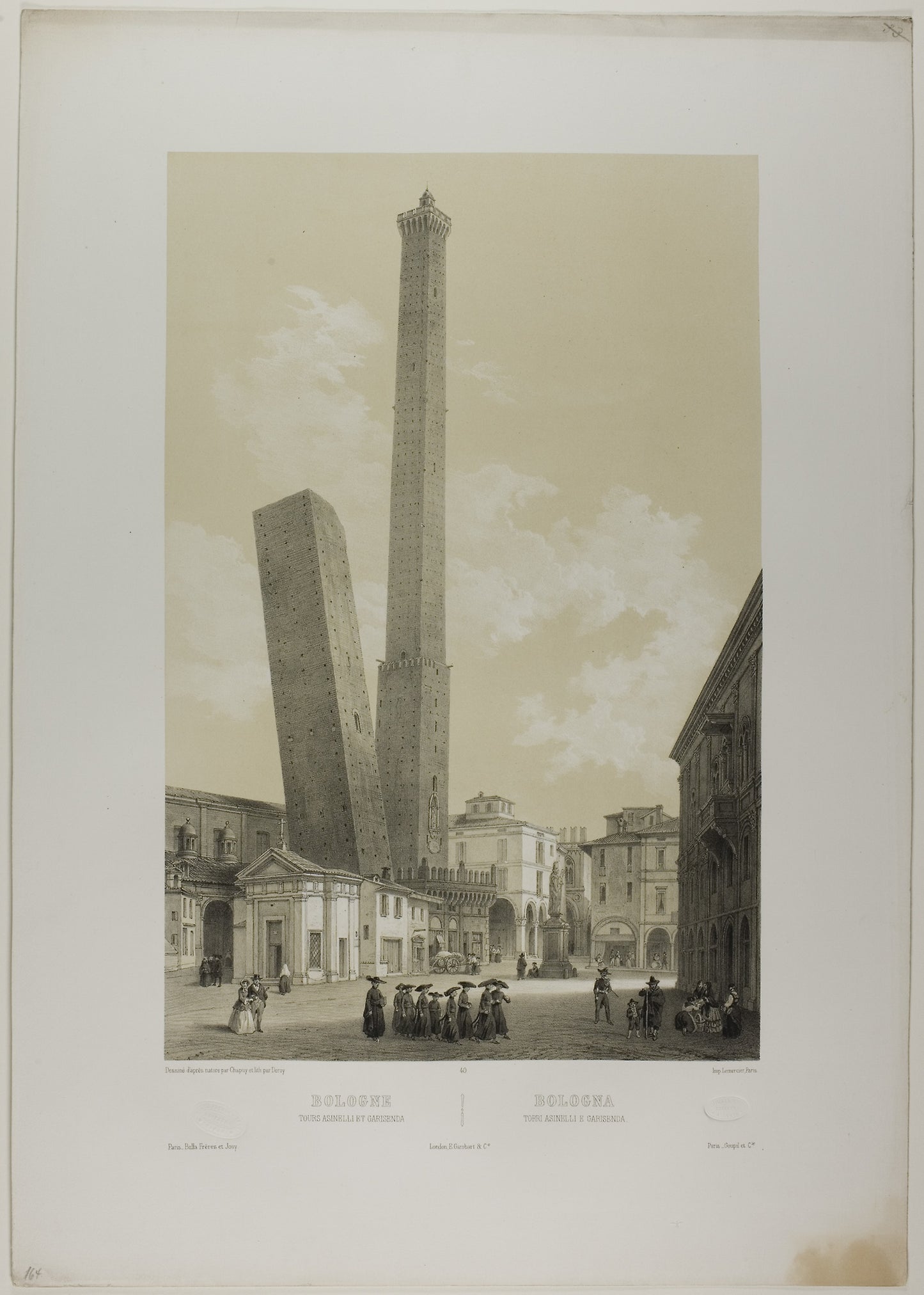 Bologna - The Asinelli and Garisenda towers, plate 40 from Italie Monumentale et Pittoresque - Nicolas Chapuy (French, 1790-1858), Poster Print Wall Art
