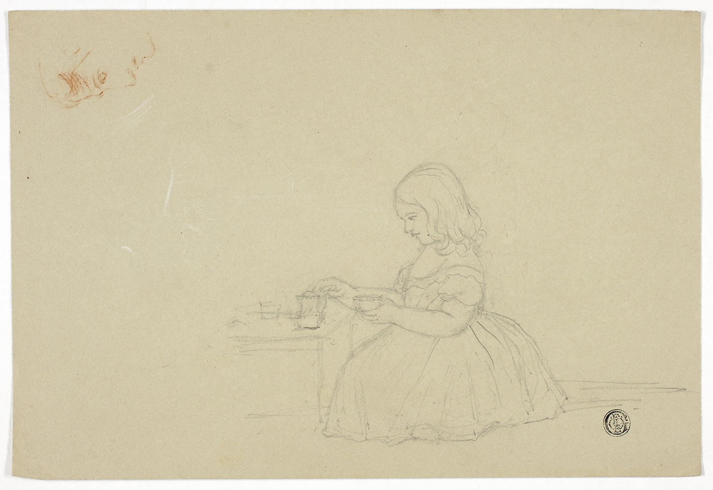 Young Girl Pouring Tea and Profile Sketch (recto), and Sketch of Italian City Street (verso) - Elizabeth Murray, Poster Print Wall Art