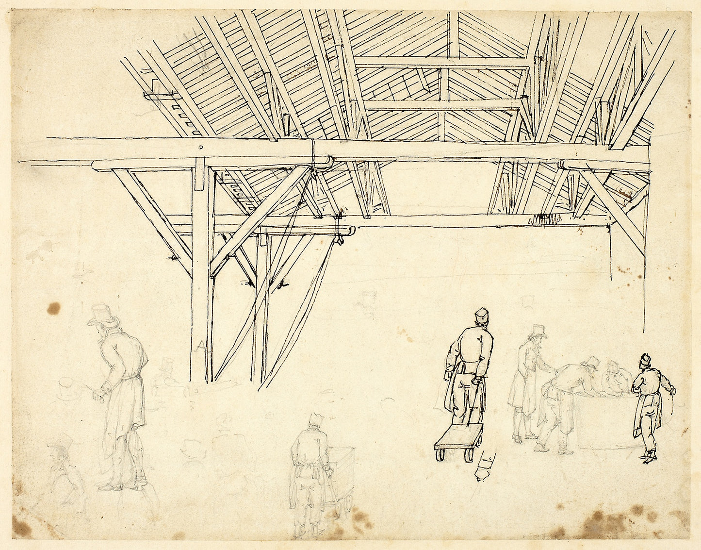 Rejected Study, possibly for an illustration of the Custom House, from Microcosm of London (recto); Sketches of Workers with Barrels (verso) - Augustus Charles Pugin, Poster Print Wall Art