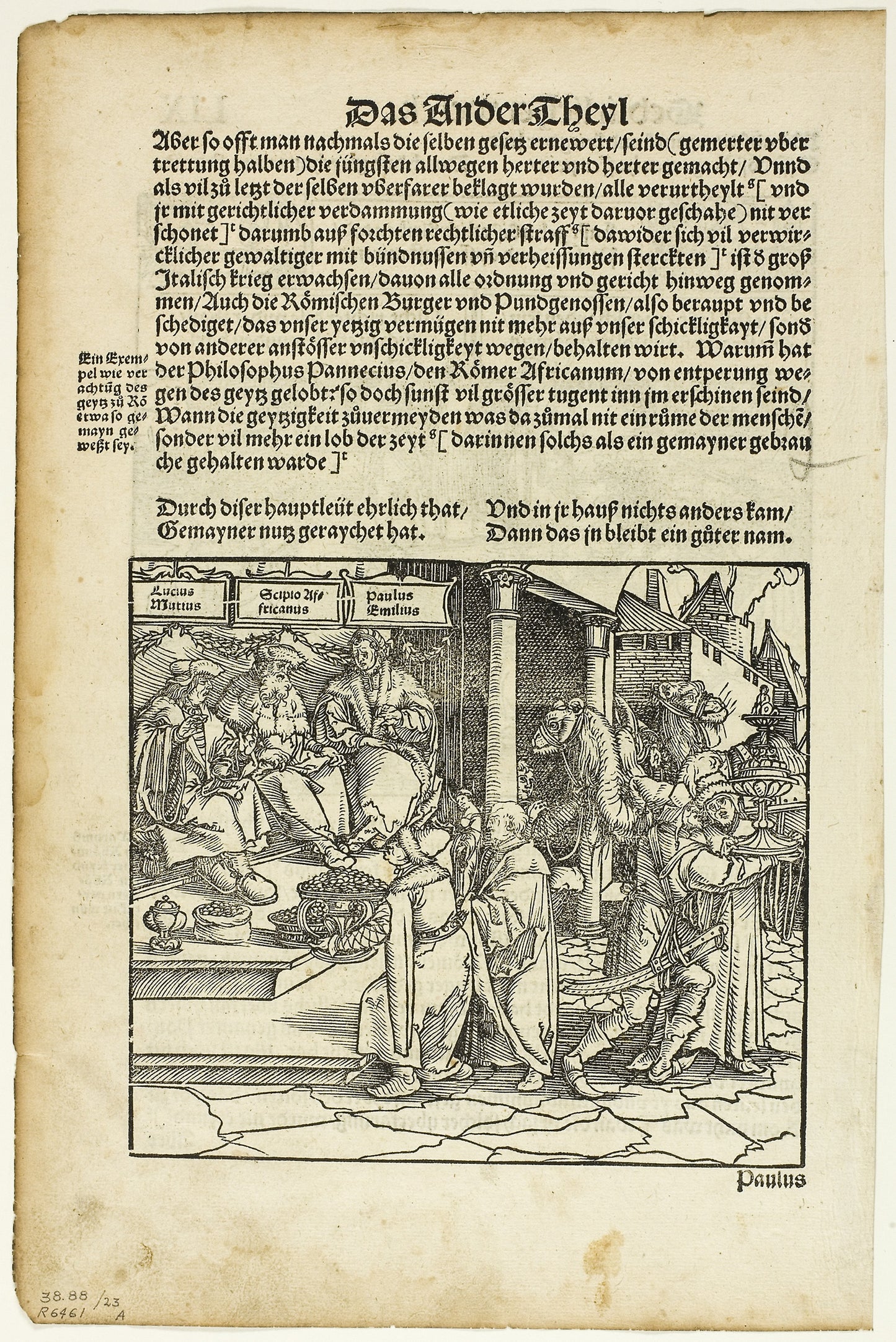Lucius Mutius, Scipio Africanus, and Paulus Aemilius (recto) Battle Scene (verso) from Officia M.T.C., plate 23 from Woodcuts from Books of the XVI Century - Hans Weiditz II (Master of Petrarch) (German, c.1495-1536), Poster Print Wall Art
