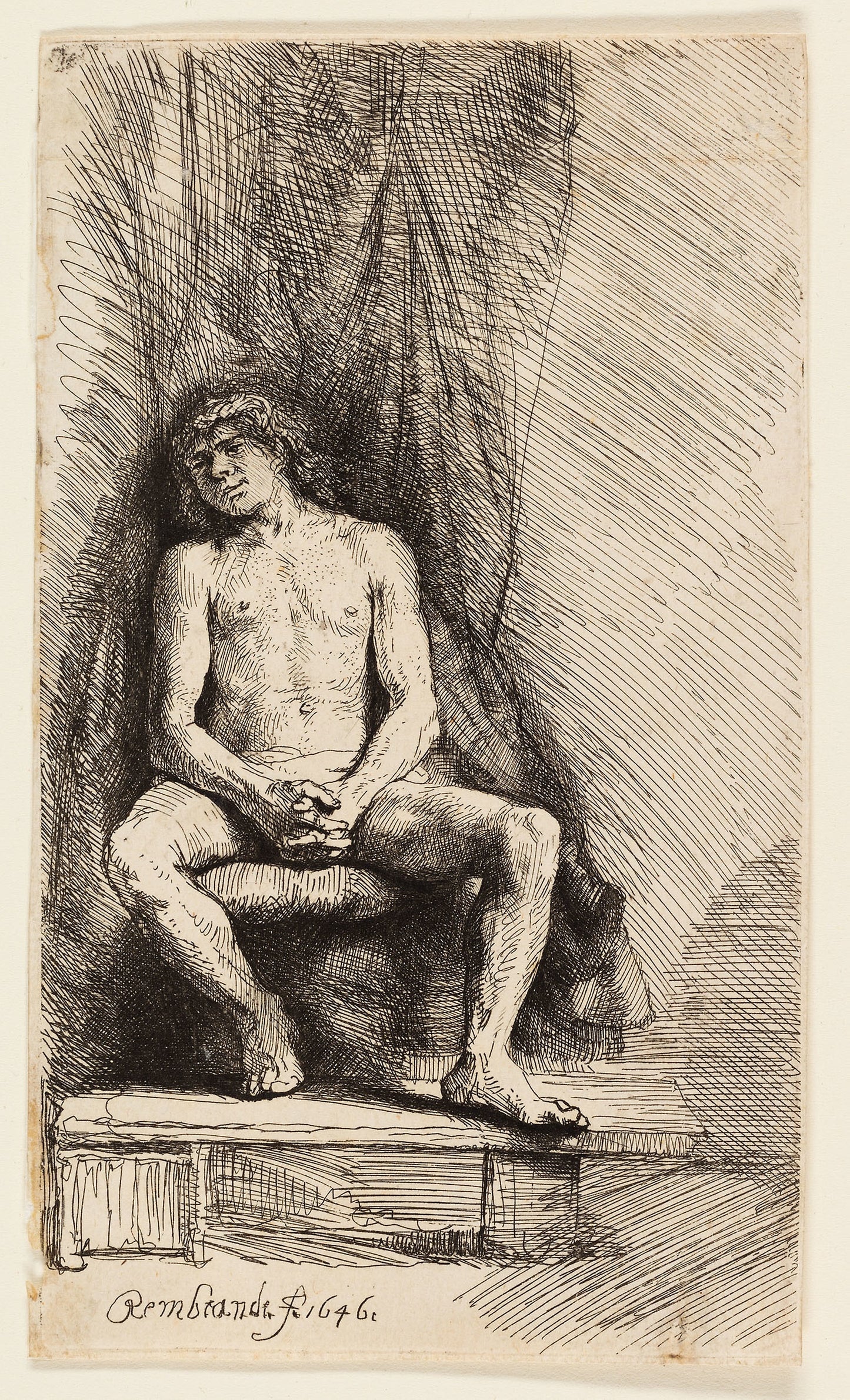 Nude Man Seated before a Curtain - Rembrandt van Rijn, Poster Print Wall Art
