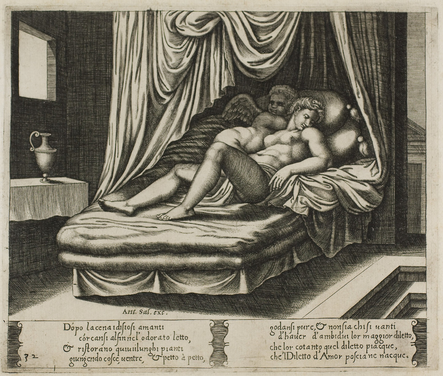 Cupid and Psyche Together in the Nuptial Bed - Master of the Die (Italian, active c. 1530-1560), Poster Print Wall Art