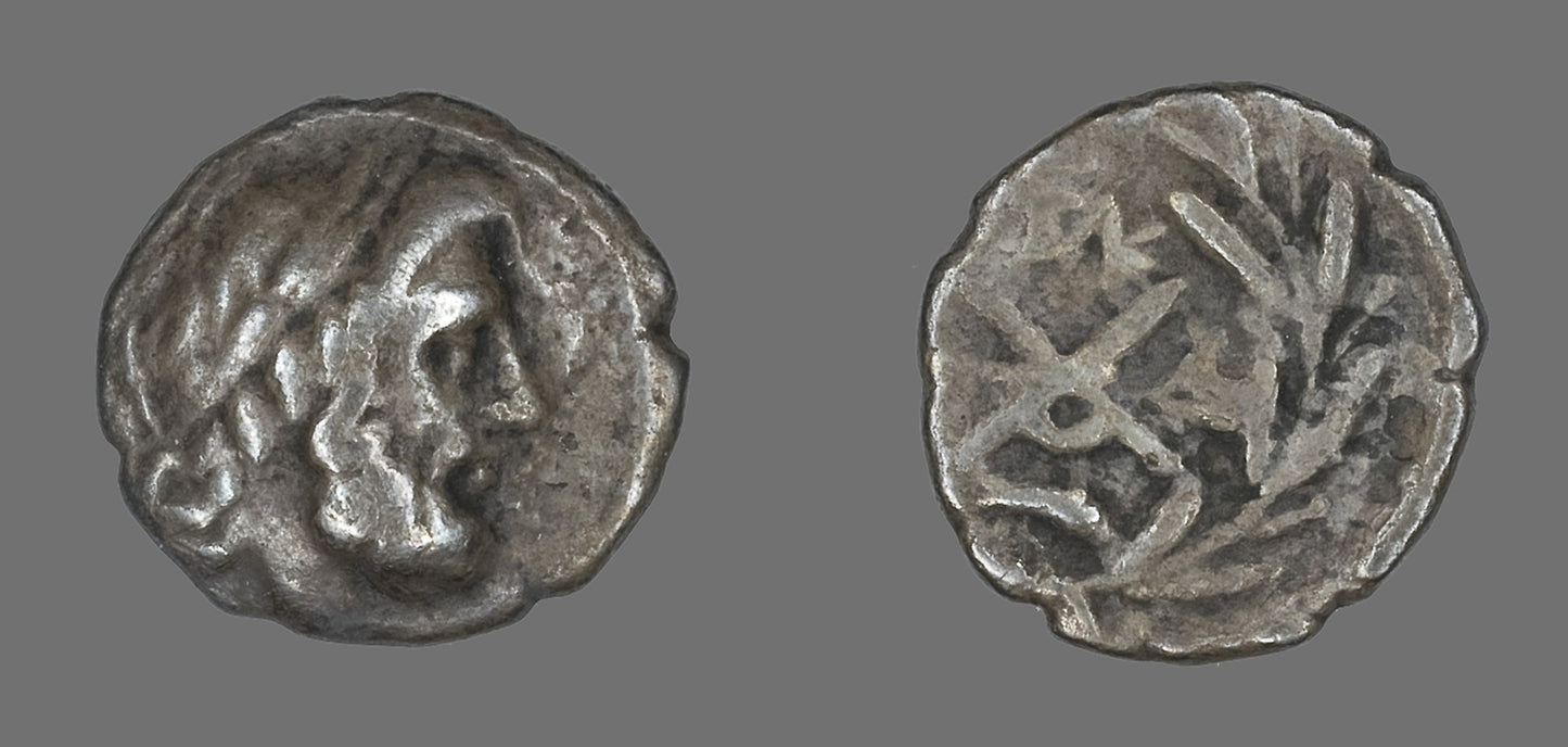 Hemidrachm (Coin) Depicting the God Zeus Amarios - Greek, minted in Dyme, Poster Print Wall Art