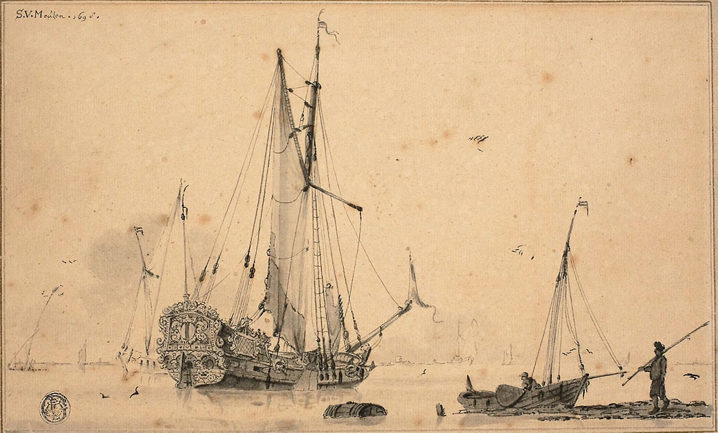 Harbor Scene with Ships and Fisherman - Sieuwert van der Meulen, Poster Print Wall Art