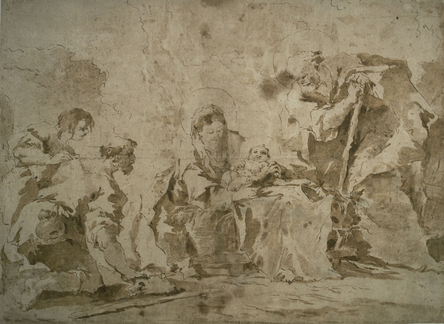 Adoration of the Shepherds (recto); Three Sketches - Buildings - Canal with Boats, Landscape with Buldings on Hillside, Buildings with Portico (verso) - Francesco Guardi, Poster Print Wall Art