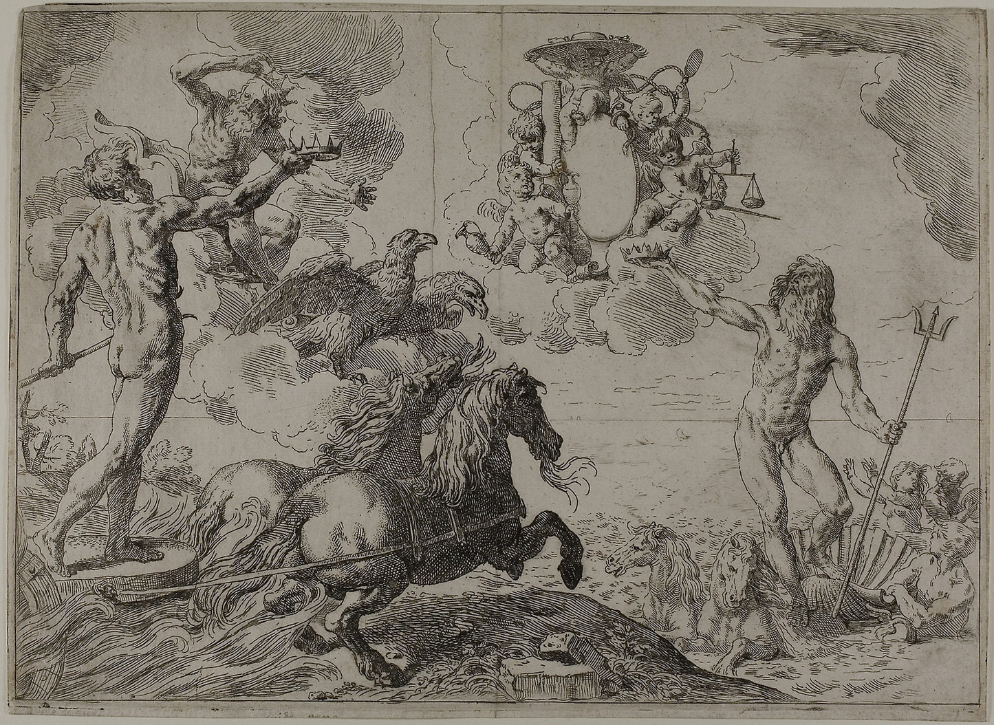 Jupiter, Neptune and Pluto Offering their Crowns to the Arms of Cardinal Borghese - Simone Cantarini, Poster Print Wall Art