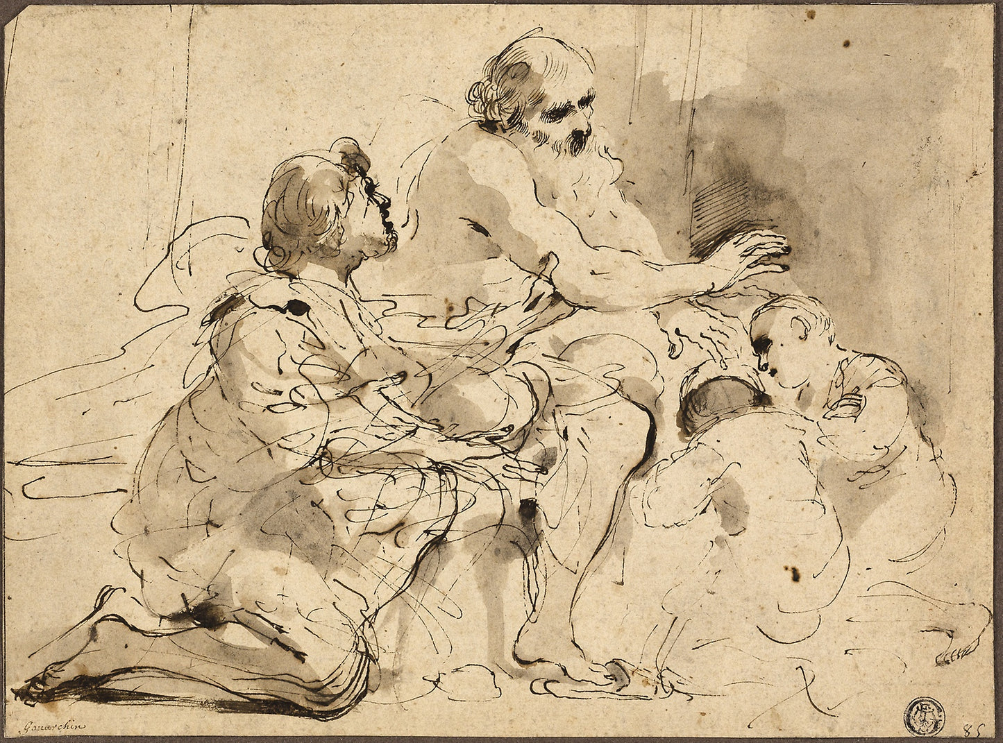 Study for Jacob Blessing the Sons of Joseph (recto); Sketches - Saint Christopher; Two Figures in Conversation over Money (verso) - Giovanni Francesco Barbieri, called Guercino, Poster Print Wall Art