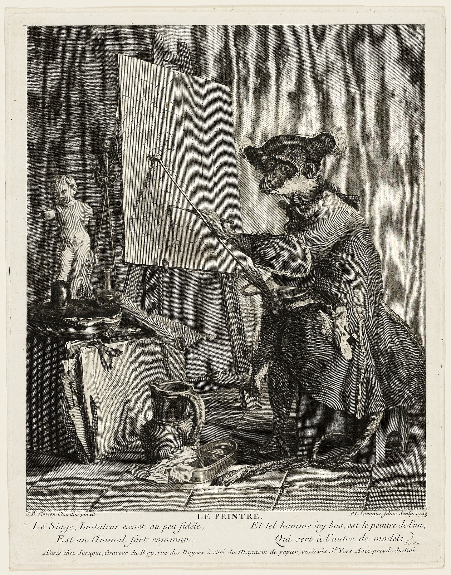 The Monkey Painter - Pierre-Louis de Surugue (French, 1716-1772), Poster Print Wall Art